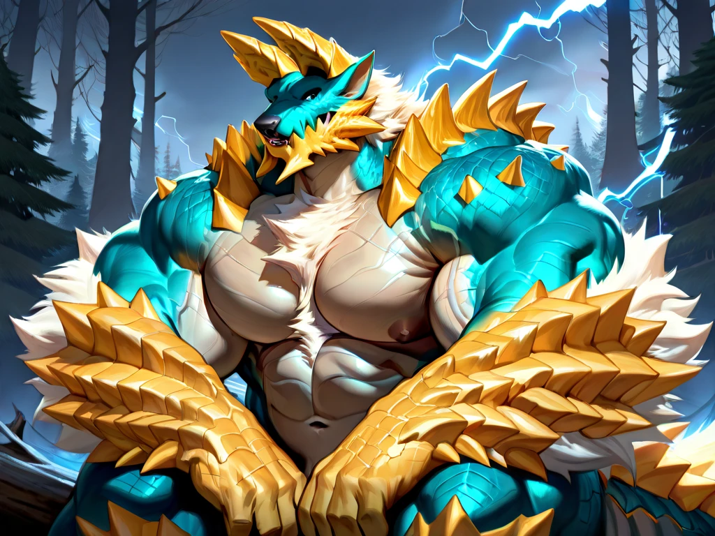 night, forest, (Focus sharp, tmasterpiece, 8K, Complex artwork, high detail, detailed eyes), 4K dragon:((zinogre)), magic light, (standing, touching self, tongue out, looking_pleasured), mid shot, full body, (lightning,rain,wind), sky, detailed moon, light particles, night, starry sky, (by kenket)(by Pino Daeni), big muscle, beefcake, big pectorials, (big dick, dick pointing up, erection, cum:1.2) , (((knot))), dragon horn, dragon tail, (detailed eyes)