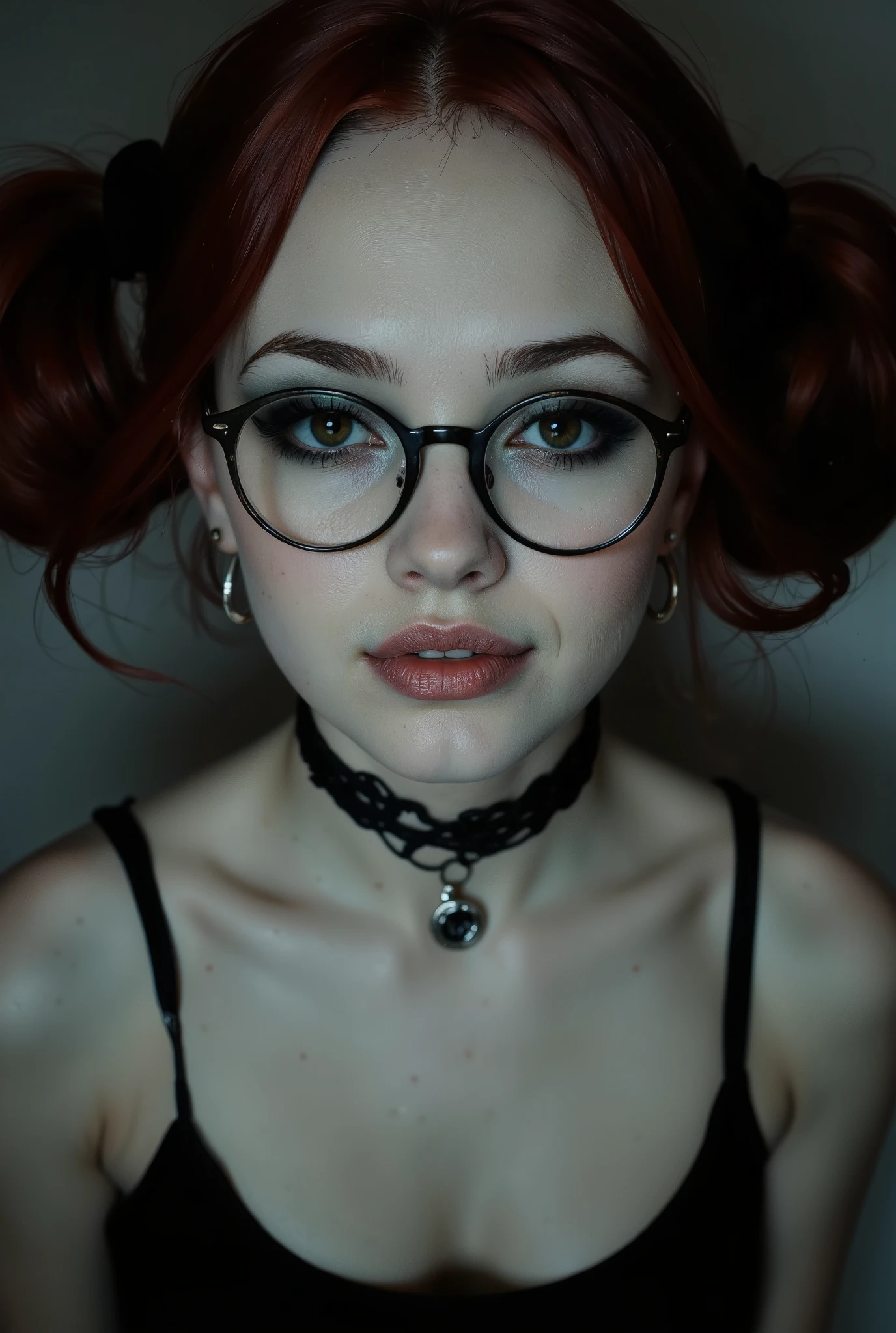 Face portrait of a pale redhead goth emo, Her dark, haunting eyes are framed by black eyeshadow and eyeliner. Her hair made up in two ponytails. Her lips, painted in deep crimson, curl into a soft smile—equal parts vulnerable and dangerous, as if she knows secrets that could shatter worlds. White female wearing cotton black tank top, choker, loop earings, pendant, round glasses, Despite her pleading smile, there is an undeniable intensity in her expression—a silent promise that her apparent fragility hides a deeper, unstoppable strength. Low angle shot.