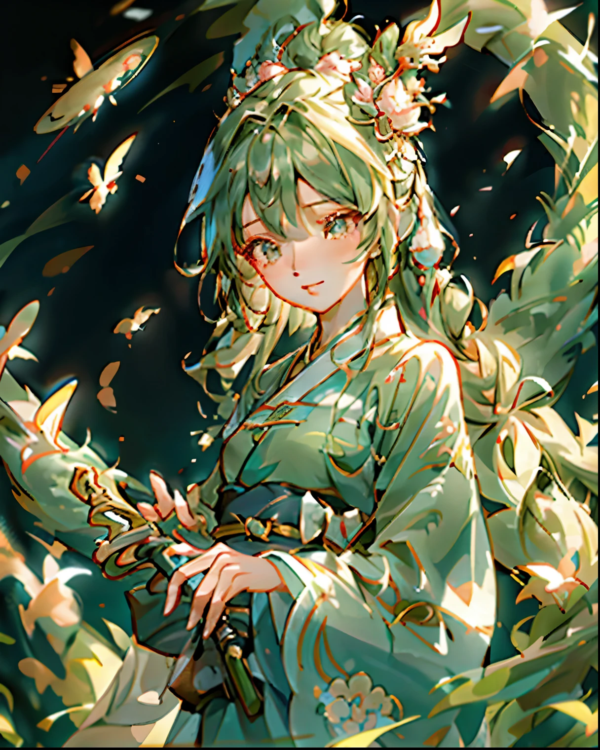 8k Highest quality Highest quality High resolution flower々A woman in a kimono wearing ornaments The woman is moist and wet A soft, calm smile