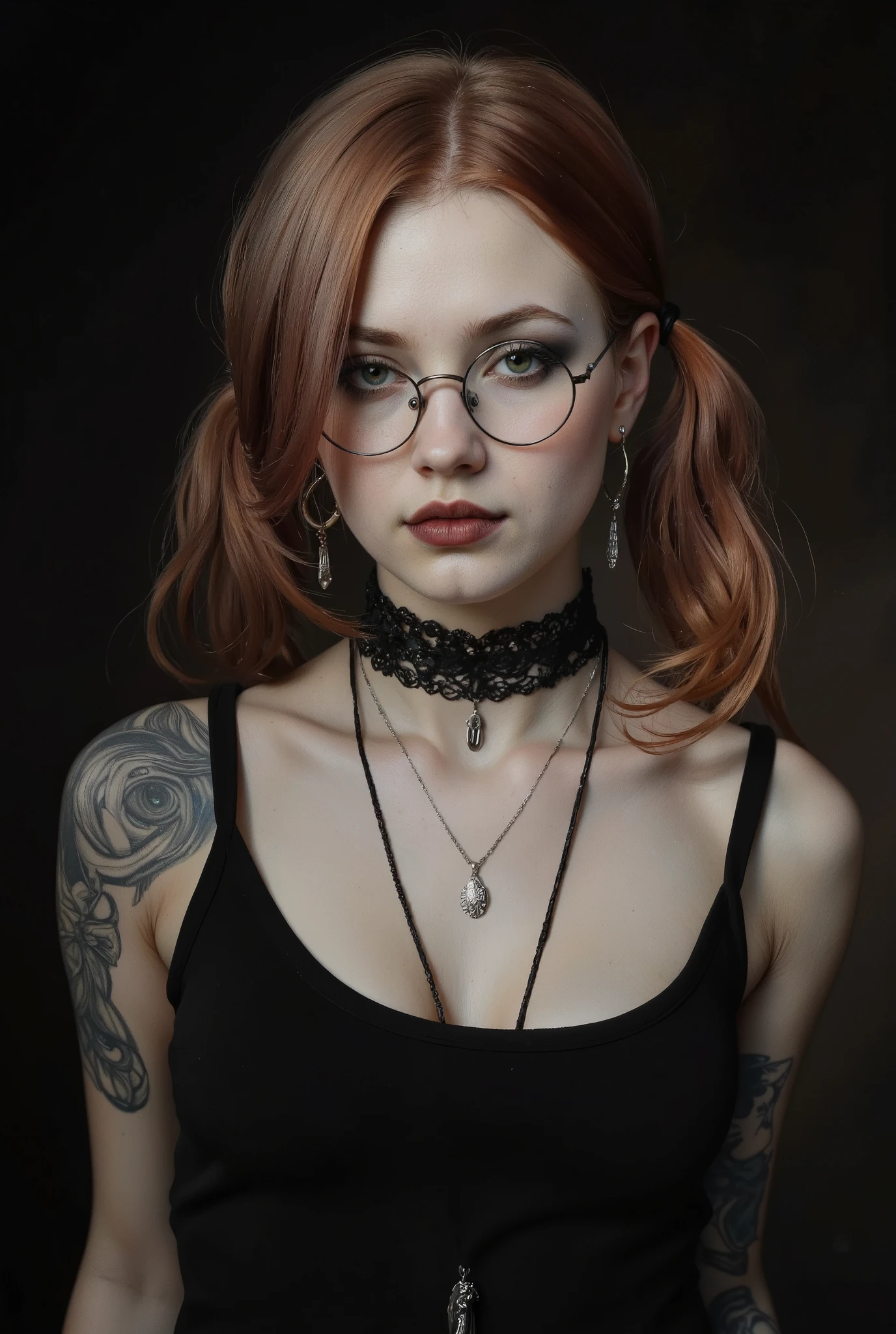 Face portrait of a pale redhead goth emo, Her dark, haunting eyes are framed by black eyeshadow and eyeliner. Her hair made up in two ponytails. Her lips, painted in deep crimson, curl into a soft smile—equal parts vulnerable and dangerous, as if she knows secrets that could shatter worlds. White female wearing cotton black tank top, choker, loop earings, pendant, round glasses, Despite her pleading smile, there is an undeniable intensity in her expression—a silent promise that her apparent fragility hides a deeper, unstoppable strength. Low angle shot.