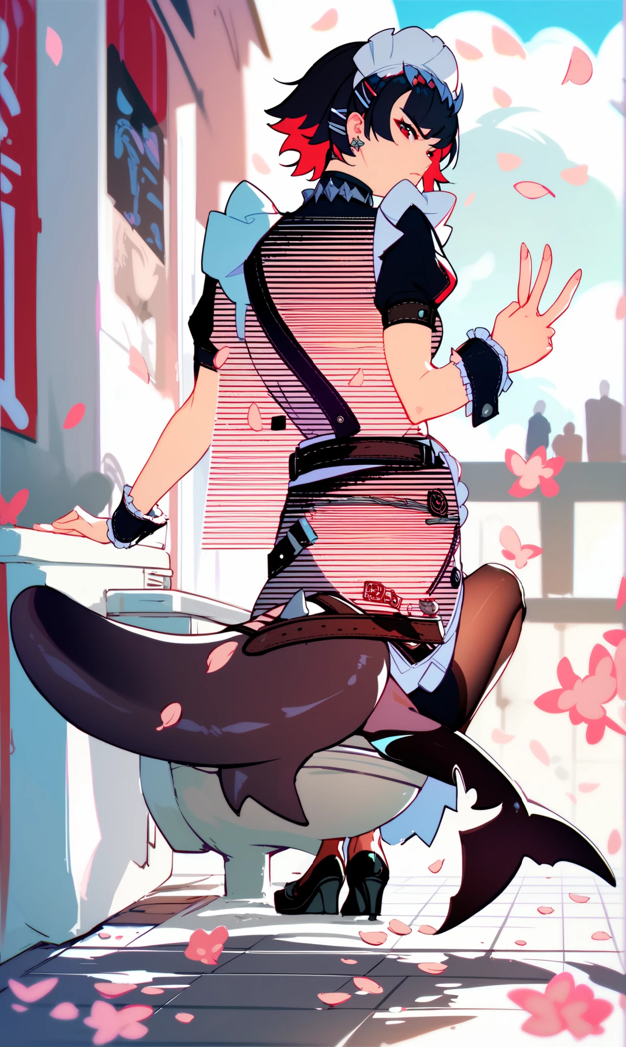 Full bOdy art ,full bOdy,scOre_9, scOre_8_up, scOre_7_up, scOre_6_up, scOre_5_up, scOre_4_up, BREAK sOurce_anime, 1 girl, sOlO, OutdOOrs, street, cherry blOssOms, cOwbOy shOt, crouching, lOOking at viewer, :O, clOsed mOuth, seriOus, ellen, red eyes, black hair, shOrt hair, cOlOred inner hair, hair clip, ear piercing with head up, Until then,  Shark Tail , maid headdress, hair ornament, black dress, puffy shOrt sleeves, chOker, ruffle dress, high waist skirt, black pantyhOse, Wrist cuffs, aprOn, belt, black fOOtwear, full bOdy, dOuble peace sign 