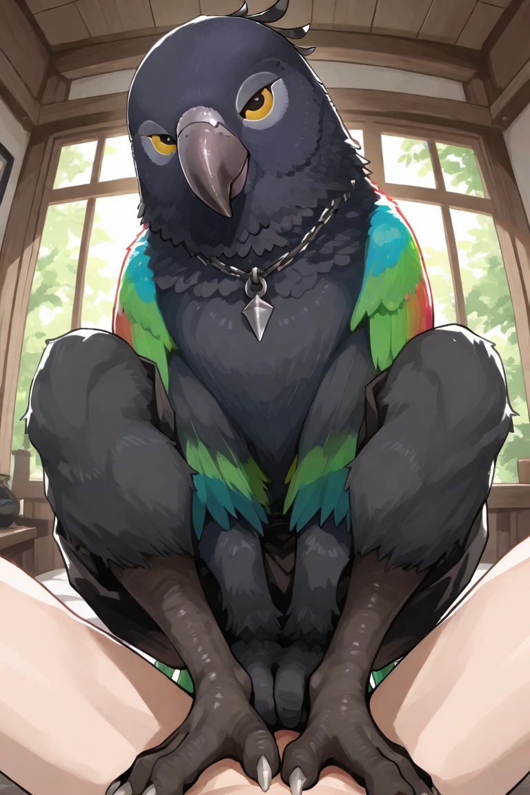 white bird, owl, male, anthropomorphic cartoon, furry, flat shading, sexy, white body, black hair, white body fur, long hair, thin, lithe, attractive, legs in shot, feet in shot, embarrassed, blushing, naked, underwear bulge, yellow sclera purple irises, laying down,glasses, nerdy, dark grey beak, beak instead of muzzle, mouth a part of beak, white background, splaying toes
