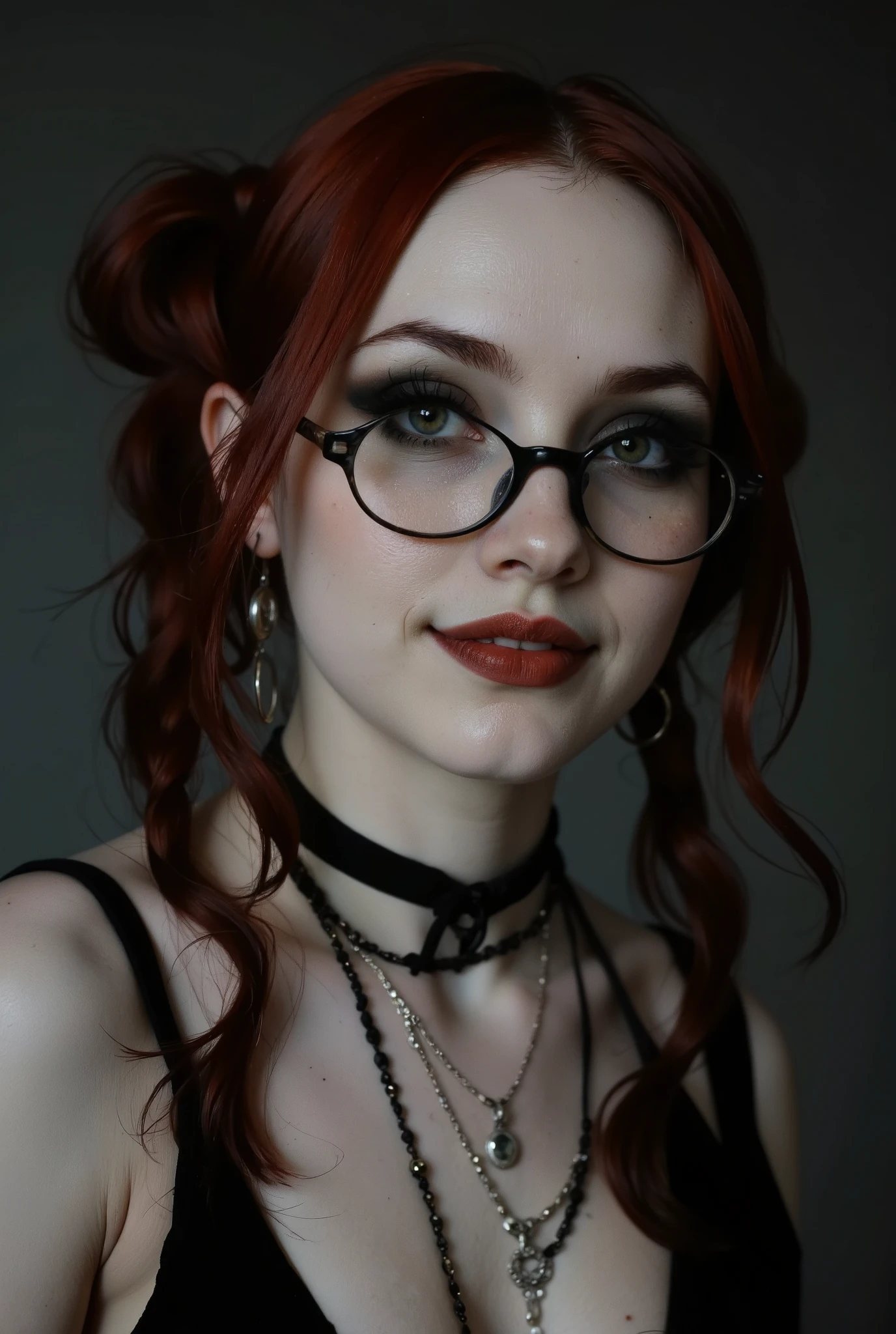 Face portrait of a pale redhead goth emo, Her dark, haunting eyes are framed by black eyeshadow and eyeliner. Her hair made up in two ponytails. Her lips, painted in deep crimson, curl into a soft smile—equal parts vulnerable and dangerous, as if she knows secrets that could shatter worlds. White female wearing cotton black tank top, choker, loop earings, pendant, round glasses, Despite her pleading smile, there is an undeniable intensity in her expression—a silent promise that her apparent fragility hides a deeper, unstoppable strength. Low angle shot.