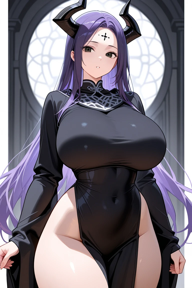 long black hair, blue skin, long elf ears, violet eyes, solo, smiling, standing, upper body, hips, gigantic breasts