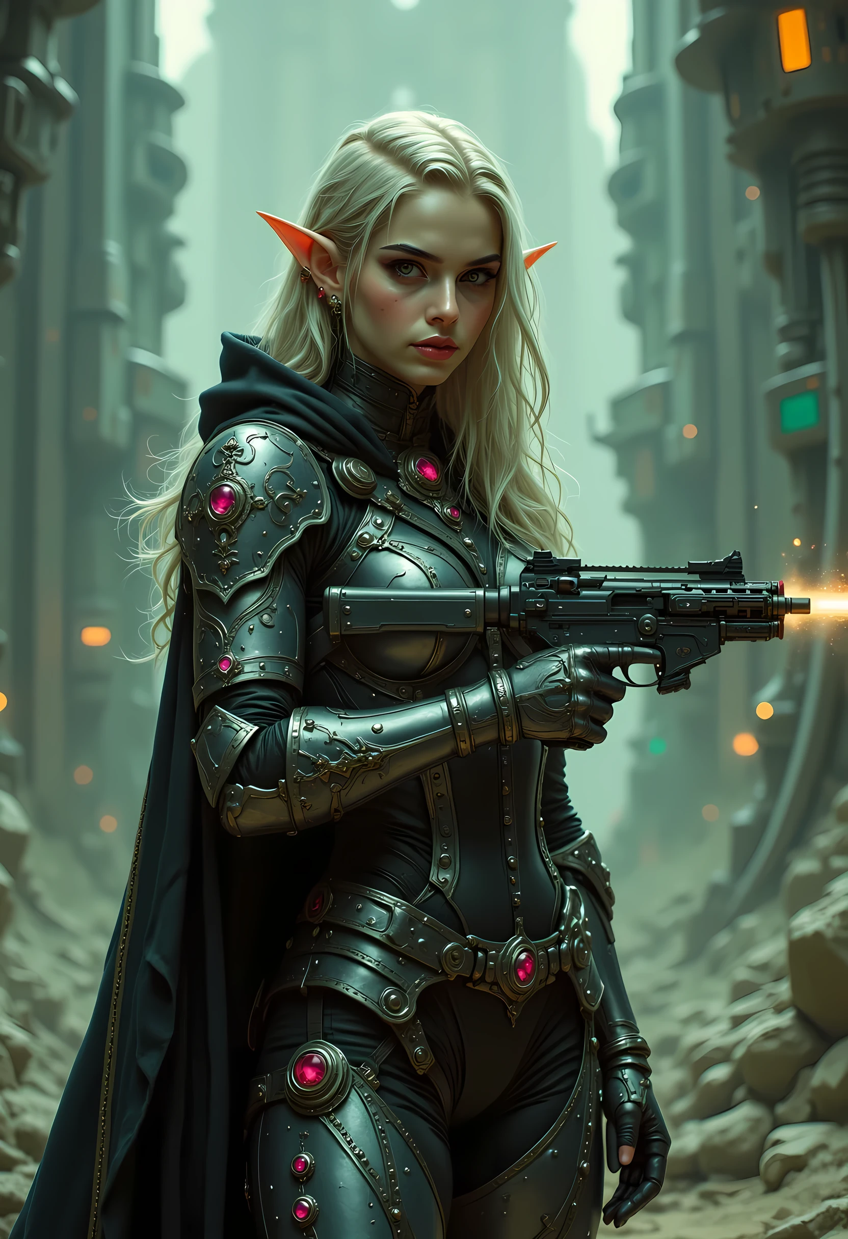 a picture black and white (only colors are black and white and  green) of a mech female elf, space swashbuckler, sci  fi  fencer, armed with a laser gun, metallic shine, full body, epic beautiful female elf, blond hair, long hair, billowing hair, small pointed ears, wearing  blue cloak, long cloak, (green cloak: 1.3) wearing elven intricate white mech armor, delicate mech armor, shiny rubies studded in the armoe,  small cleavage, sense of daring, sense of adventure space station background, high details, best quality, 16k, [ultra detailed], masterpiece, best quality, (extremely detailed), dynamic angle, ultra wide shot, photorealistic, RAW, fantasy art, realistic art,((best quality)), ((masterpiece)), (detailed), perfect face, fantasy, niji, gothic, erotic, anime