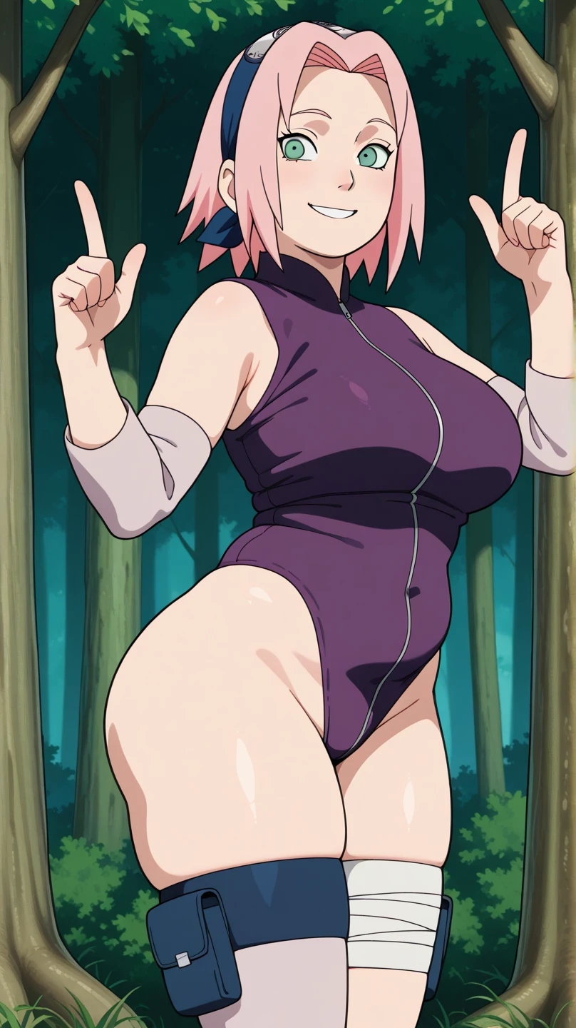 Sakura Haruno - naruto, 1girl, (((?????))), sakura hair, short hair, teal eyes, detailed eyes, purple diamond, (((?????))), thin lips, painted lips, shy smile face, milf, pregnant belly, big belly, wide hips, thick thighs, huge round ass, enormous natural breasts, shiny oily, breasts, black kimono, full body, squat pose, nsfw