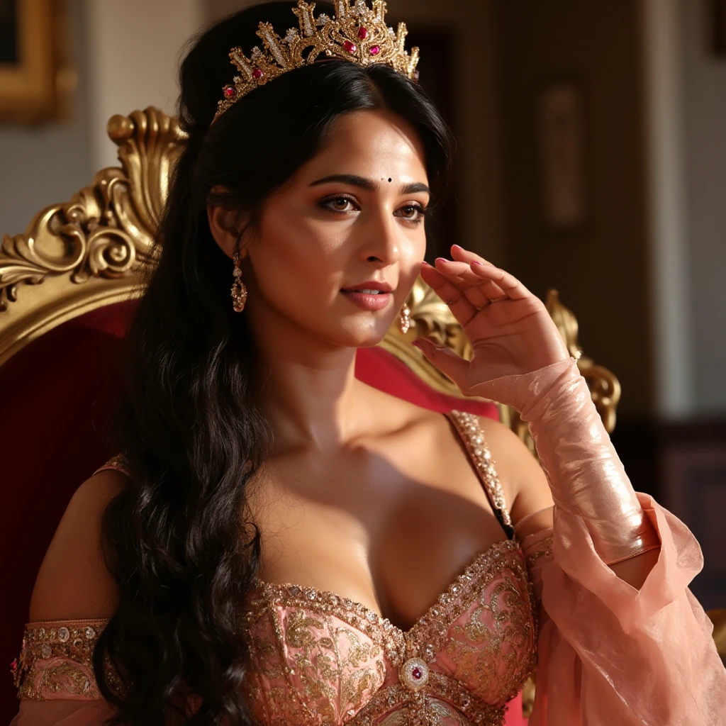 A fully naked girl looking exactly like TAMANNAH BHATIA, spreading her pussy, sitting on a throne, Queen, naked, royal. pussy visible, surrounded by naked guards, tits, areola, brown tits, nake, nude, horny, jewellery.