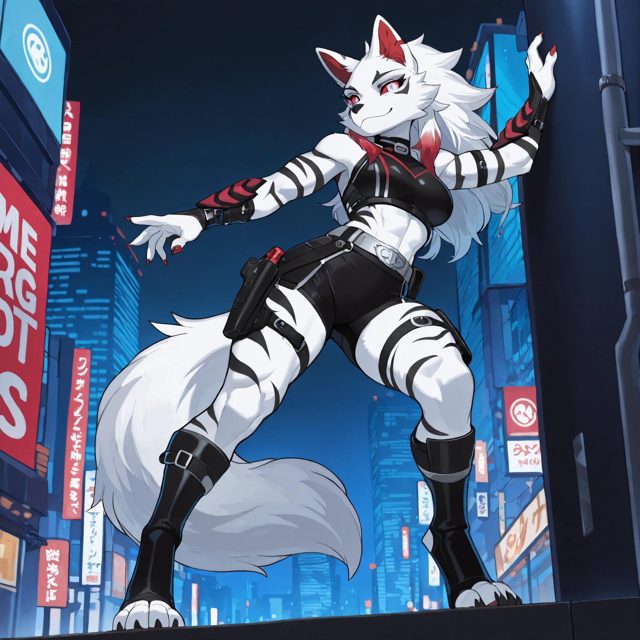 Anime style, masterpiece, best quality, full body picture, (centered), three-quarters view, 1girl, PLHighwire, furry, anthro, athletic build, female white wolf, digitigrade legs, white fur covered body, black toeless boots, calf length boots, boots with straps, black body armor, medium breasts, (red sclera), (white eyes), (black pupils), (slit pupils), big city background, city at night, white face, black facial markings, (white tail with red tip), (wearing black wrist armor), (red ear tips:1.3), (long white hair with red highlights), (knee length black shorts), wearing dual holsters, wearing a silver belt, (standing pose), (black tiger stripes on legs, black tiger stripes on arms), small smile