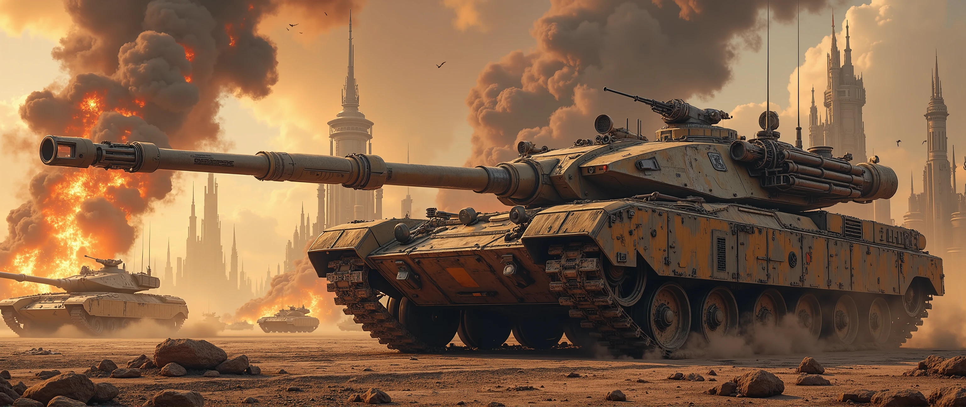 epic oil painting , 16 thousand., художественный masterpiece , correct gravity , science fiction, there is a large that is sitting in the dirt, m 1 abrams , , class , realistic military equipment , futuristic battle , Artur Tarnovsky, s, has a large solid cannon, Rendering, massive , military equipment , class, digital painting, Soviet armored vehicles, ART-N 640 CONCEPT, military equipment , Ultra-realistic 16K cg , masterpiece, best composition, Photo quality, artwork, lots of details, 8 k, is very detailed, One character, distant fantasy, cyberpunk, huge tank , tank gun parallel to the ground , against the background of John Lucas's beautiful Coruscant-style futuristic fantasy city from Star Wars, war, the battle is on, city is attacked by heavenly dreadnoughts , fire from the sky, explosions, buildings are burning ,