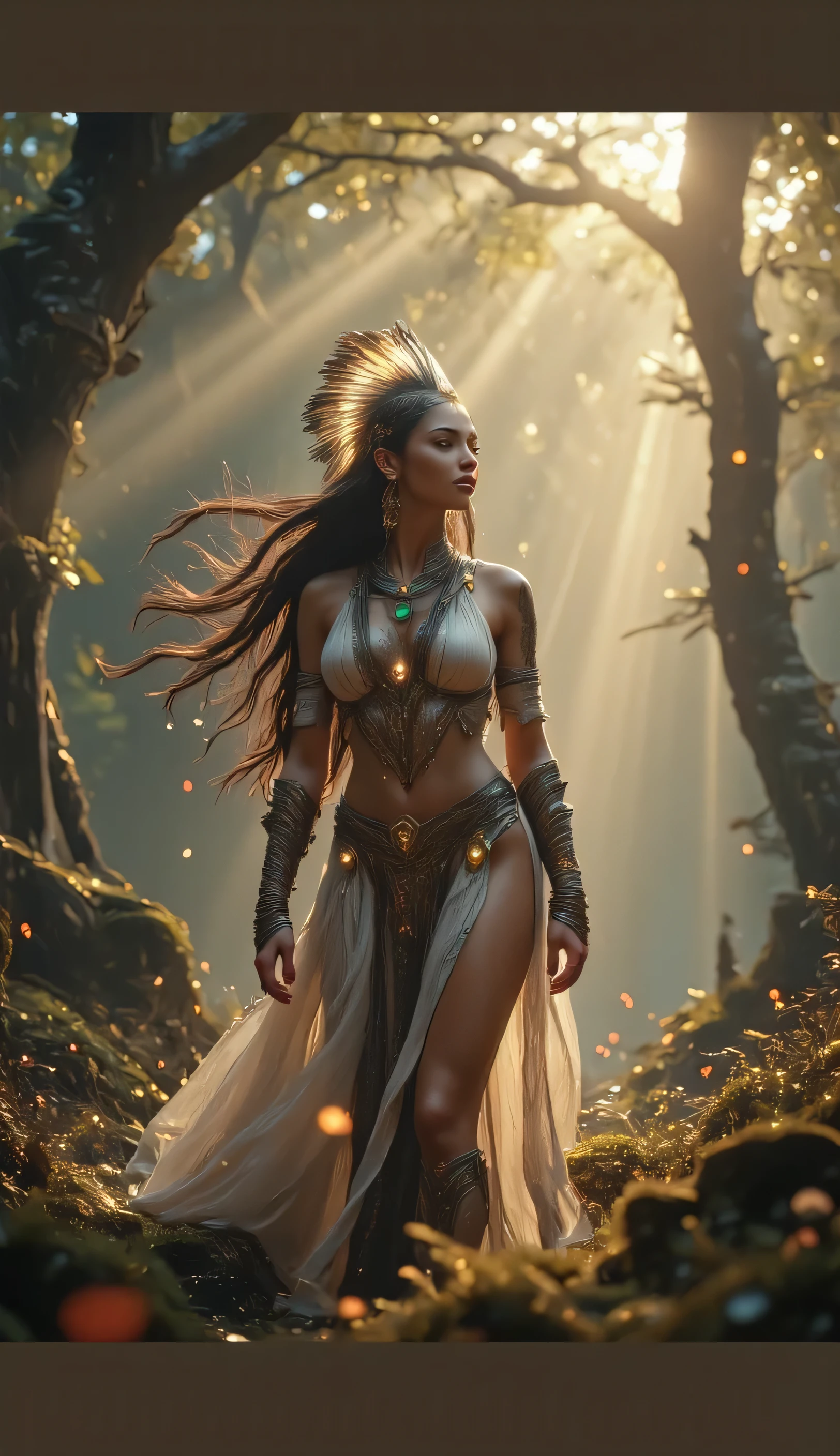 Mayan warrior priestess inside an ancient temple, Full body view . Tanned skin with natural shading, Brown almond-shaped eyes with gold highlights, Closed in shy concentration. Two emerald green teardrop-shaped jewels under her right eye. expression: Serene and reverent. Elaborate gold headdress inlaid with jade and layered radiant feathers (dark brown eyes, Cinnamon, iridescent green), Adorned with woven cords, Jade and gold beads and elements. hair: Long dark brown, Partially braided with leather cords, Jade beads, Gold rings and green feathers. Clothing: Dark green and beige leaf-print top with leather straps. Gold bracelet with lotus motif, Green gems and dangling jade points. A beaded strand over her shoulder connects to an ornate gold pauldron. Beautiful botanical tattoo on her upper back and shoulder. Scene: De pie dentro de un templo maya sacred, dimly illuminated, Plays a stone DJ console carved with glowing Mayan glyphs: Ancient technology fused with futuristic elegance. The air is permeated with a faint mist, Candlelight and a blue-green ambient energy. Faces of gods carved into stone pillars surround her. lighting: Soft and Fuzzy , With jungle green hues and gold highlights. Mystical atmosphere with spiritual presence. Environment: sacred, Intimate and powerful. A timeless fusion of ritual, Silence and sound. cinematic representation , Hyper-realistic and ultra-detailed.