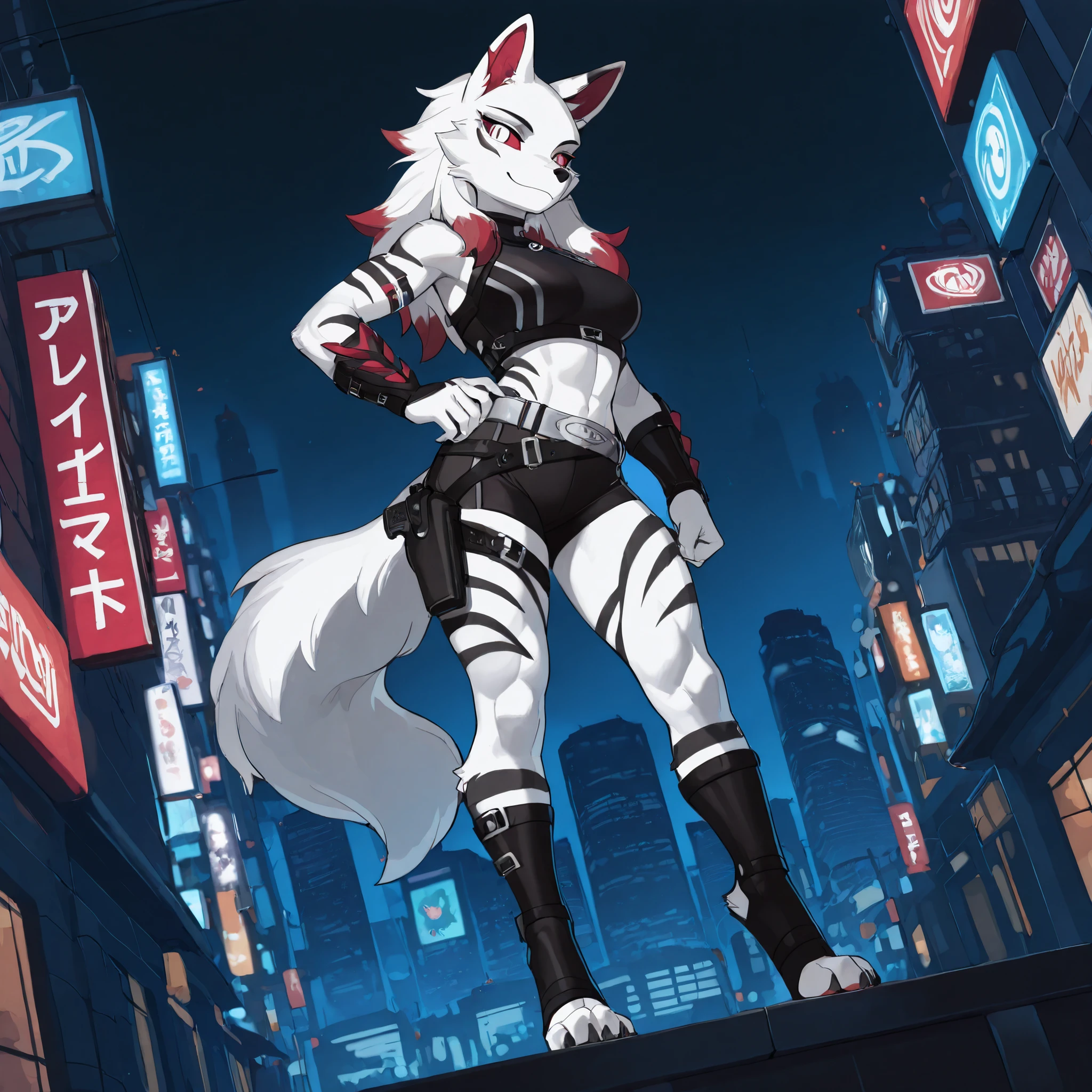 Anime style, masterpiece, best quality, full body picture, (centered), three-quarters view, 1girl, PLHighwire, furry, anthro, athletic build, female white wolf, digitigrade legs, white fur covered body, black toeless boots, calf length boots, boots with straps, black body armor, medium breasts, (red sclera), (white eyes), (black pupils), (slit pupils), big city background, city at night, white face, black facial markings, (white tail with red tip), (wearing black wrist armor), (red ear tips:1.3), (long white hair with red highlights), (knee length black shorts), wearing dual holsters, wearing a silver belt, (standing pose), (black tiger stripes on legs, black tiger stripes on arms), small smile