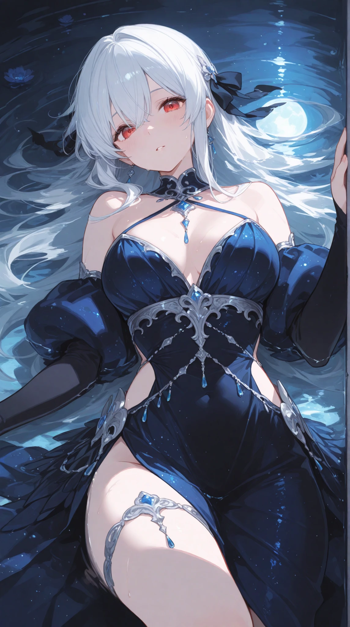Genshin Impact original character (Fontaine). Adult woman, long silver hair, black eyes, black and blue suit, silver jewelry, hydro (water) Fontaine vision on her hip, serious and serene expression, crystal necklace