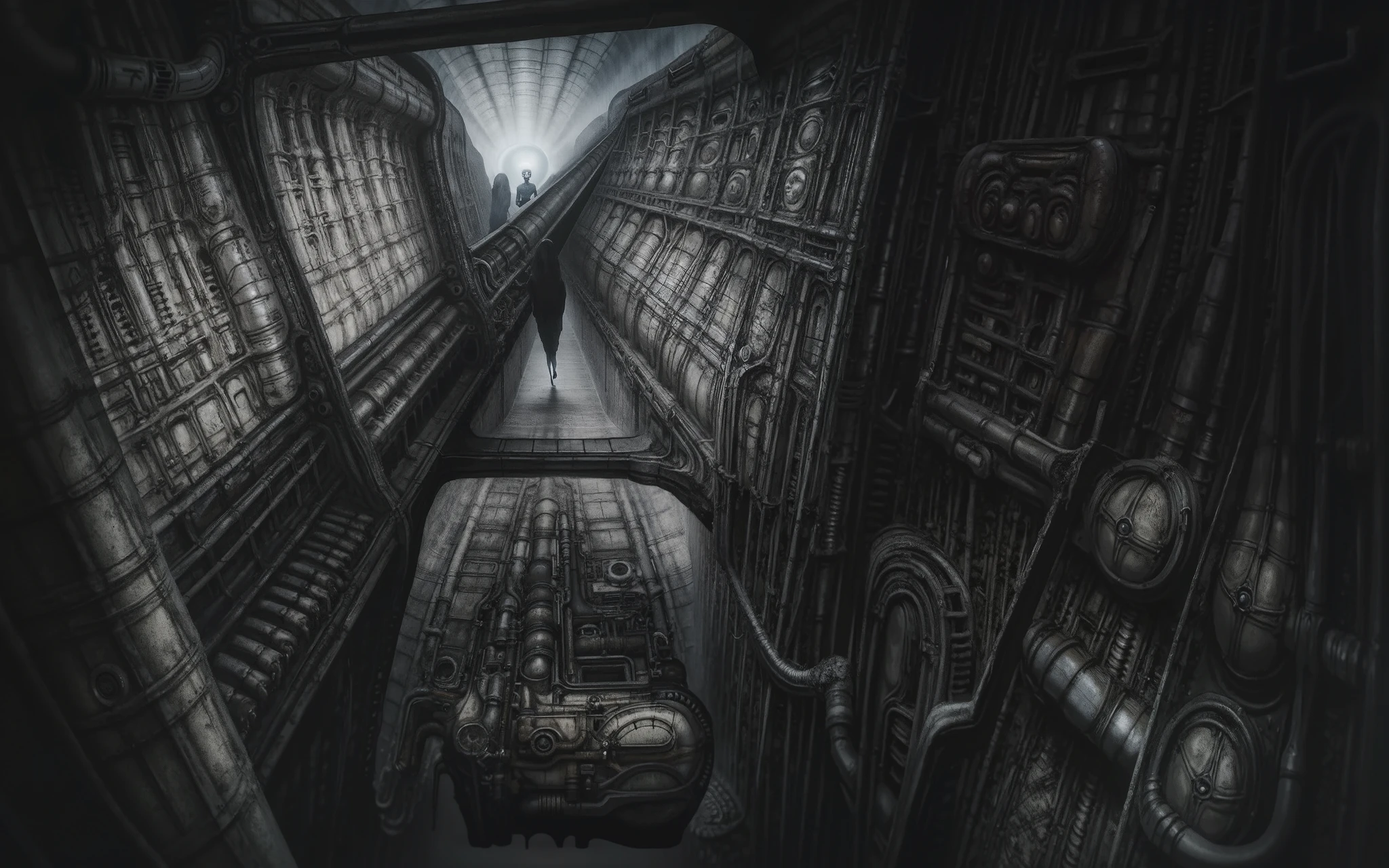 Create a biomechanical surrealist composition in the style of H.R. Giger The image depicts a highly detailed, intricate mechanical  structure that is opened criocapsule with a futuristic design, supporting pipes, valves, and complex mechanicals emphasizing an intimate, enclosed environment constructed from a dense, interlocking matrix of sinewy tubes, hydraulic pistons, and organic armor-like forms. The composition should follow a horizontal, womb-like curvature, drawing the viewer's gaze into the center where a stylized humanoid figure—feminine and serene—is embedded and partially fused into the surrounding machinery. Her face should be smooth, doll-like, and expressionless, emerging from a coil of dark, flexible conduit, with her body either incomplete or replaced by amorphous, ovular biomech structures.

The structural layout must be closed and compact, with every form interdependent and overlapping: large crescent-like forms embracing spherical and pod-like volumes, smaller pipework coiling into and emerging from larger vertebrae- or muscle-like shapes. Visual rhythm is created by alternating convex and concave forms, mimicking anatomy—tendons, bones, and soft tissue—integrated with mechanical components like couplings, ducts, and industrial plating.

Lighting should be minimal and dramatic, with diffuse overhead shadows and luminous uplighting reflecting softly off pearlescent, metallic surfaces—creating contrast between slick, polished tubes and matte, textured zones. Surfaces must exhibit wear: micro-pitting, scratches, and oil stains, evoking a lived-in, post-organic dystopia. The artistic style is hyper-realistic in detailing, but deeply surreal in essence—melding flesh with machine in a claustrophobic harmony. All elements should feel gestated in the same biomechanical womb, part erotic, part industrial, and deeply uncanny.
, (Proportion:1.1),  , (Reflected light:1.2), Parchment, ultra detailed, intricate,, dry b (best quality:1.4), H.R. GIGER,  BY GIGER
