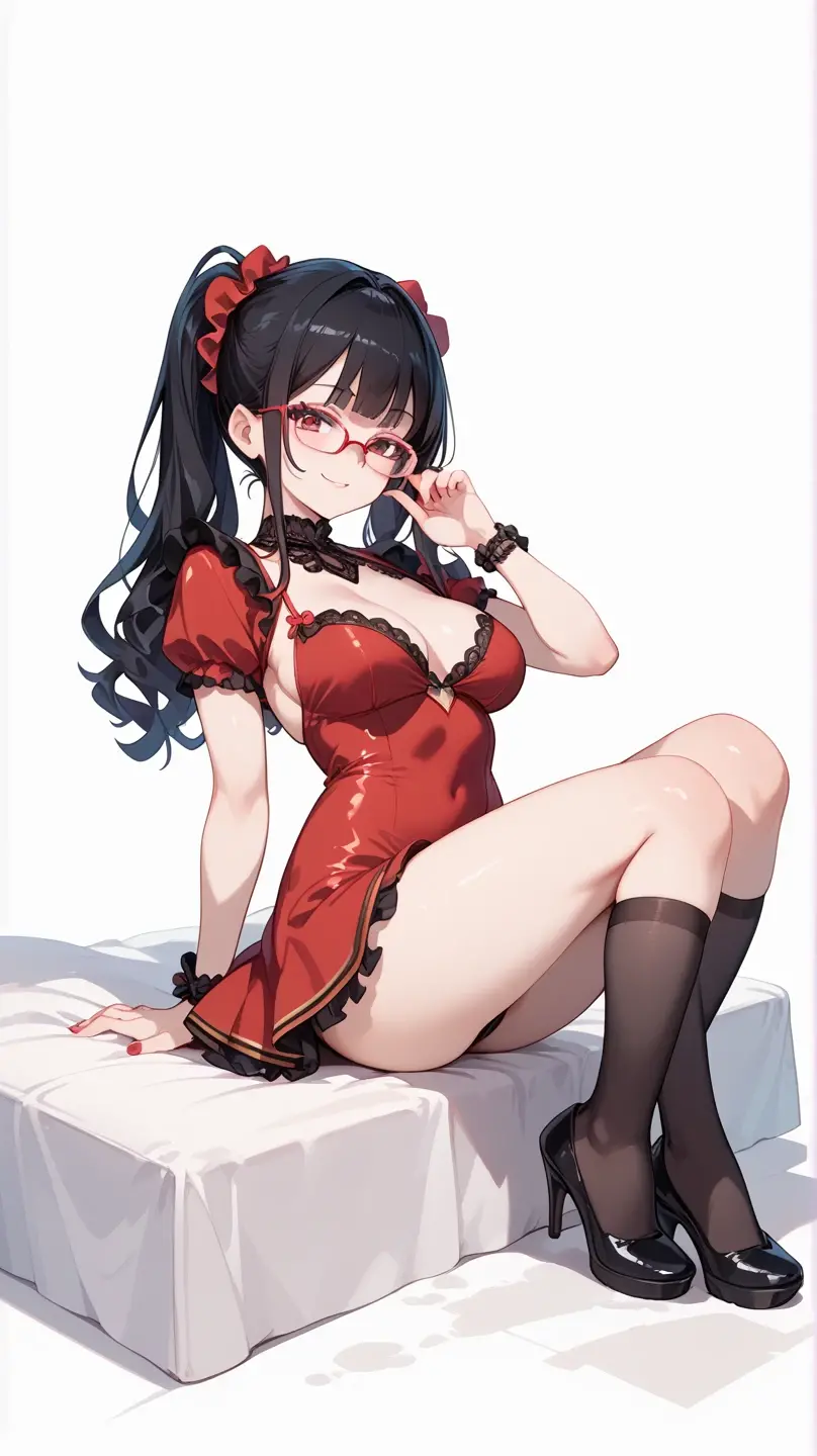 nsfw, woman, (Bunny ears), open mouth, Showing tongue, Glasses, flat breast, (See-through red kimono), long hair, black hair, (open legs), bathroom, steam, sex with man, (man, penis), (Sex, woman on top)
