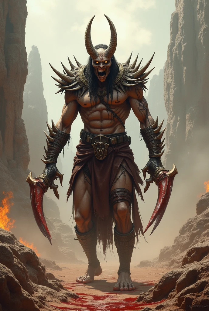 a goat-headed demon with large horns, strong and strong upper body, demon skins, skins, ((claws, wings)), demonic armor, blood splatters, skulls on the ground, standing in a blood ritual, medieval, dark room, dim light, masterpiece, realistic, oil painting