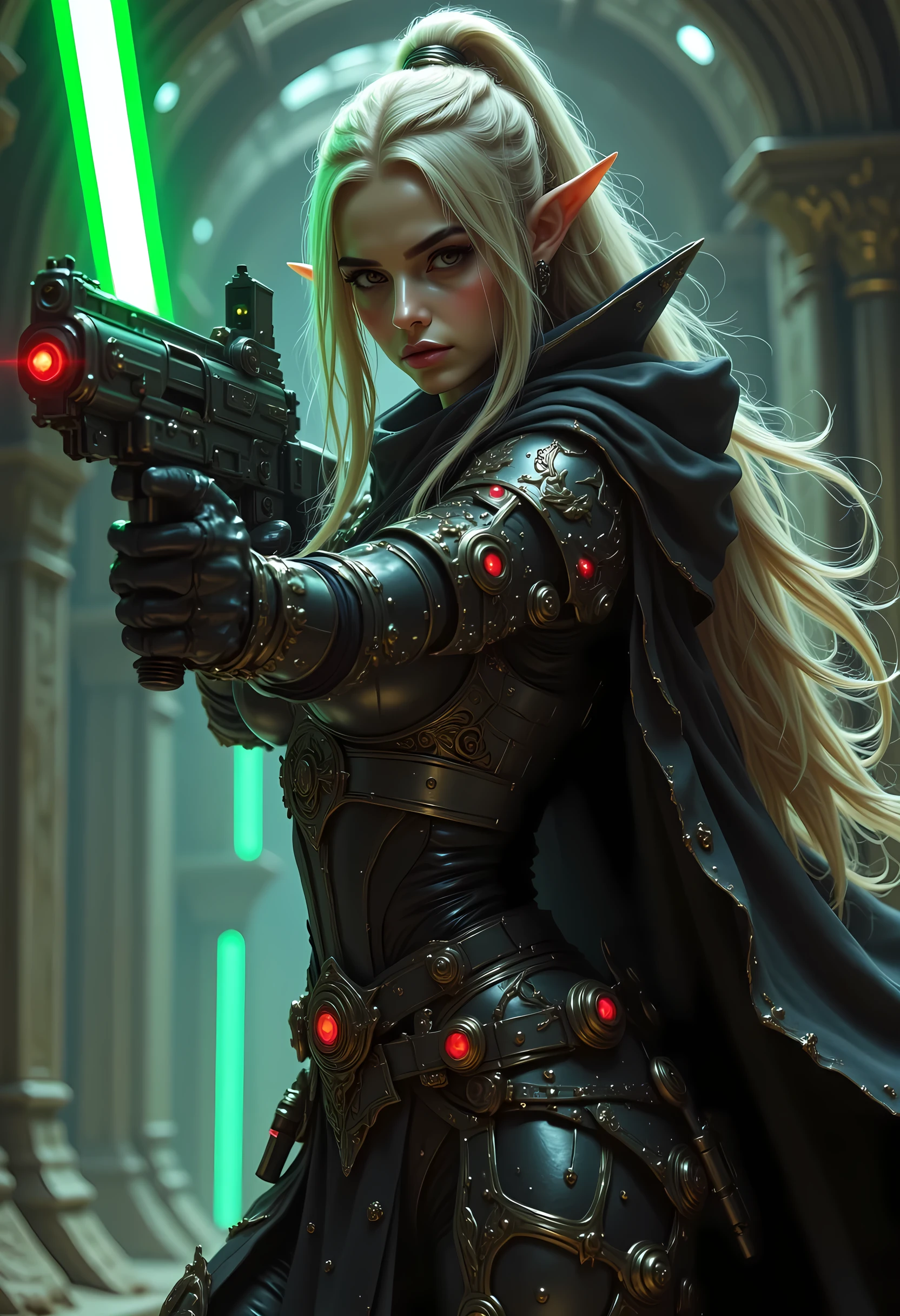 a picture black and white (only colors are black and white and  green) of a mech female elf, space swashbuckler, sci  fi  fencer, armed with a laser gun, metallic shine, full body, epic beautiful female elf, blond hair, long hair, billowing hair, small pointed ears, wearing  blue cloak, long cloak, (green cloak: 1.3) wearing elven intricate white mech armor, delicate mech armor, shiny rubies studded in the armoe,  small cleavage, sense of daring, sense of adventure space station background, high details, best quality, 16k, [ultra detailed], masterpiece, best quality, (extremely detailed), dynamic angle, ultra wide shot, photorealistic, RAW, fantasy art, realistic art,((best quality)), ((masterpiece)), (detailed), perfect face, fantasy, niji, gothic, erotic, anime
