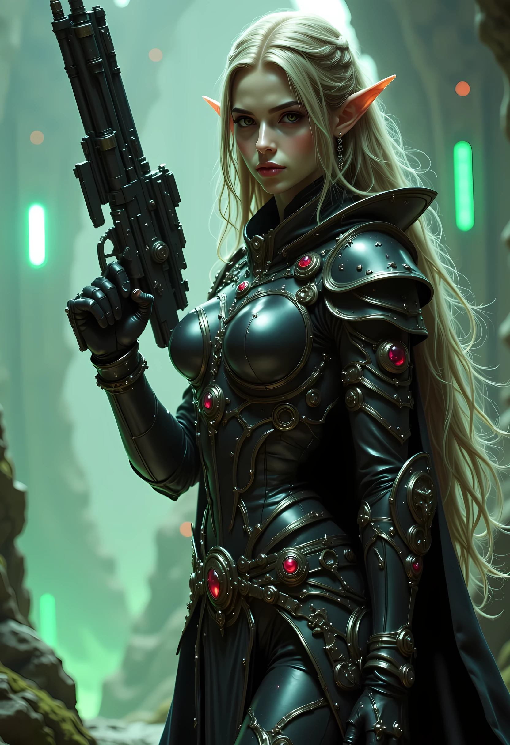 a picture black and white (only colors are black and white and  green) of a mech female elf, space swashbuckler, sci  fi  fencer, armed with a laser gun, metallic shine, full body, epic beautiful female elf, blond hair, long hair, billowing hair, small pointed ears, wearing  blue cloak, long cloak, (green cloak: 1.3) wearing elven intricate white mech armor, delicate mech armor, shiny rubies studded in the armoe,  small cleavage, sense of daring, sense of adventure space station background, high details, best quality, 16k, [ultra detailed], masterpiece, best quality, (extremely detailed), dynamic angle, ultra wide shot, photorealistic, RAW, fantasy art, realistic art,((best quality)), ((masterpiece)), (detailed), perfect face, fantasy, niji, gothic, erotic, anime