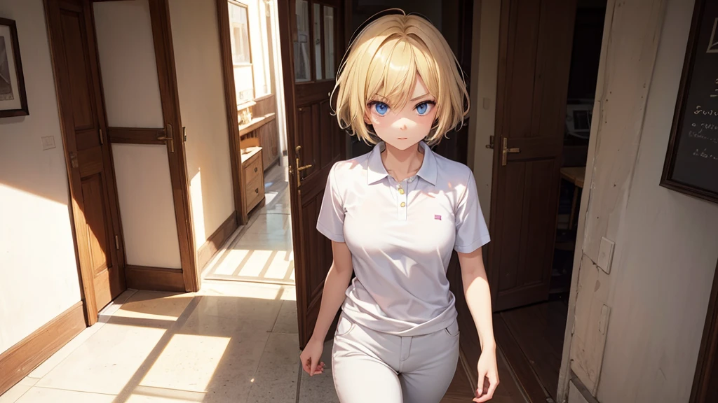blonde、short hair、girl１、Rear view、Wear a hat、room