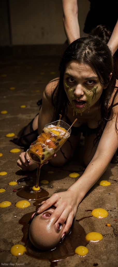 best quality, masterpiece, ultra high res, photorealistic, 1girl, naked, exhausted face, wet, lying lifeless, lying on the trash, trashyard, dirty, milk poured on the body