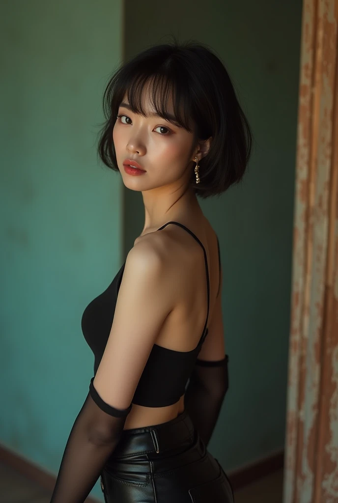 20 year old Asian woman, short dark black hair, naked , looking seductively