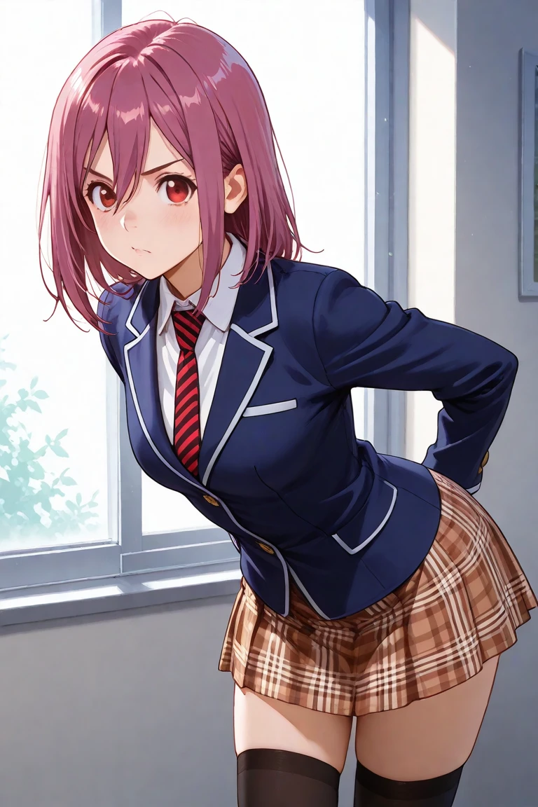 1 Girl, Selene, Skirt, school_uniform, Tie, Twin Tails, Long Hair, Jacket, Blazer, Indoors, School, Pink Hair, Gradient Hair,Panties From Back