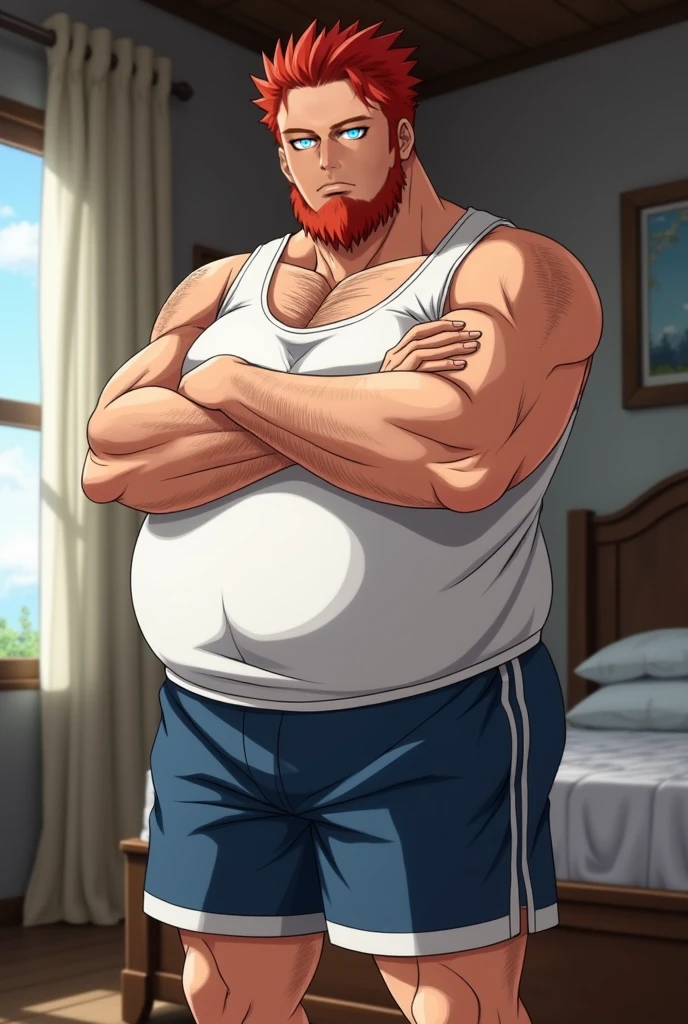 a smiling obese old man, chubby, big fat, detailed realistic portrait, 8k high resolution, sumo physique, side view, perfect center, full view, realistic skin texture, wrinkled face, short hair, bearded, jovial expression, huge belly, fat, wearing shorts, high detail, masterpiece, (best quality,4k,8k,highres,masterpiece:1.2),ultra-detailed