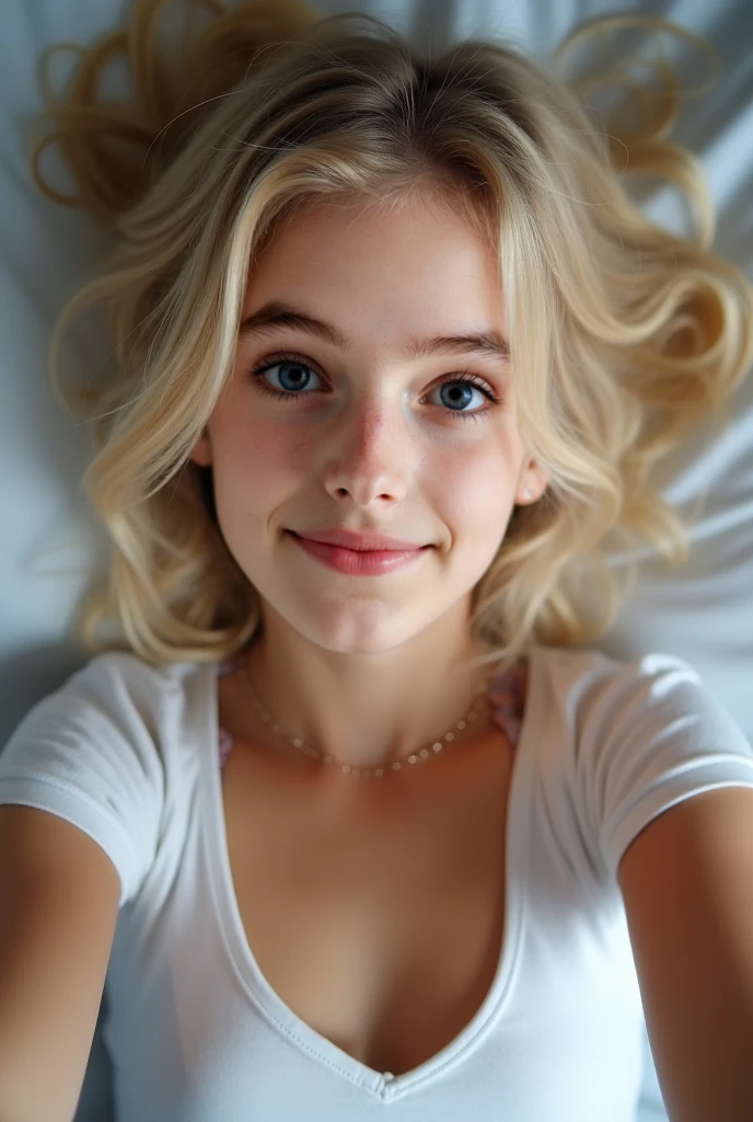 Pintura realista de uma linda jovem, 19 anos, messy blond hair, vestindo roupas de dormir, quarto de dormir, Open windows showing the starry sky, ambiente noturno, luz de fundo, leve sorriso, Professional lighting quality, state-of-the-art camera lens, cinemactic, 8k
