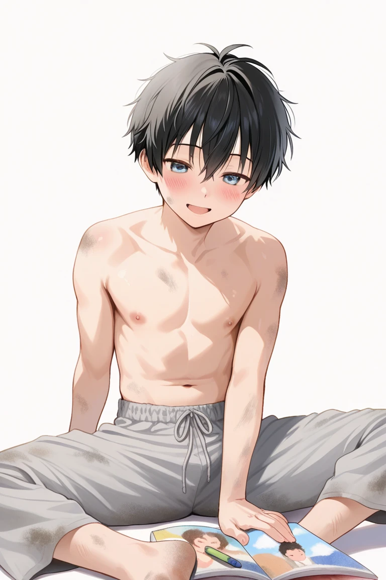 #composition (Low angle,worms-eye-view,There was a boy.), #person (A 14-year-old boy,Small but cute boy、Bullish personality、honor student、Good impression、Boy's hand、Knees、The thighs of a 14 year old boy、Big breasts Thin waist,Sweaty), #Boy facial (Big drooping eyes、Strong-willed、Serious eyes、blue color eyes), #Boy's hair (His hair is jet black. He has short, Straight hair，Hairstyle is natural and neat，M-shaped bangs.), #boy cloth (He wears short black sleeves on his upper body， Wear a pair of black shorts.), #Boy's background (Blue background,White sheets), #Boy's pose (He sat flat，A hand caressed his abdomen,wide open thighs,Postural instability）, #Boy's emotions (Shy,is shy)