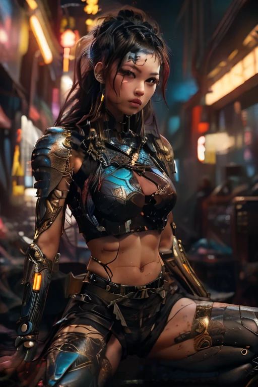 A breathtakingly beautiful Japanese woman with flawless pale skin sits imperiously on a biomechanical throne in the heart of Cyberhell. Her jet-black hair flows like liquid night down to her waist, unstyled and untamed. Full lips painted in toxic metallic yellow gleam against her monochrome palette. She wears a form-fitting cyberpunk leather dress with long sleeves - the daring design exposes her bare breasts as a power statement, with glowing yellow circuit-like patterns tracing the black leather.
Her cybernetic enhancements include:
A fully chromed lower jaw (from the lip corners down) seamlessly integrated with her skin
A complete robotic left arm (shoulder to fingertips) with mirror-finish plating
A right arm cyberized from the elbow down, leaving human bicep and shoulder
The throne is an organic-mechanical fusion of pulsating gears and liquid metal components, its base rooted in the floor with data-cables like veins. Behind her, walls of black obsidian stream with neon blue datafalls - cascading binary code in liquid light. The ground shimmers with interconnected hex tiles in gunmetal gray.
Her presence dominates the scene: one robotic hand grips the throne's armrest (revealing subtle hydraulic movements), the other rests casually on her exposed thigh. Eyes like smoldering yellow suns (no visible pupils) pierce through the viewer. A faint glow emanates from her jawline and arm joints, casting cyan reflections on her leather outfit.
Surrounding atmosphere: Cyberhell's air shimmers with floating data fragments and electric haze. The composition emphasizes both her lethal lethal beauty and absolute authority, with dramatic low-angle lighting from the throne's base that creates long, menacing shadows."