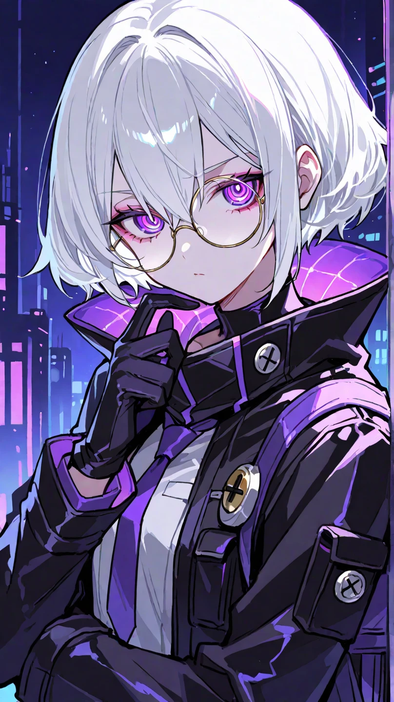 masterpiece, vampire boy,best quality, ultra-detailed, illustration, close-up, straight on, face focus, solo,, short hair, city, sunlight,(Soft glow:1.1),light smile,8k, best quality, ultra high res, vampire male, high quality,cyberpunk style, male,wearing round glasses, sci-fi, anime vampire boy, ((white purple Black mixed hair)), half red half purple eyes, wearing round glasses, silver cross necklace, black rings, fangs, smile, wearing a big cybercoatwith different lighting in it , long big cybernetic scythe, outsideon Japanese street, close up photo