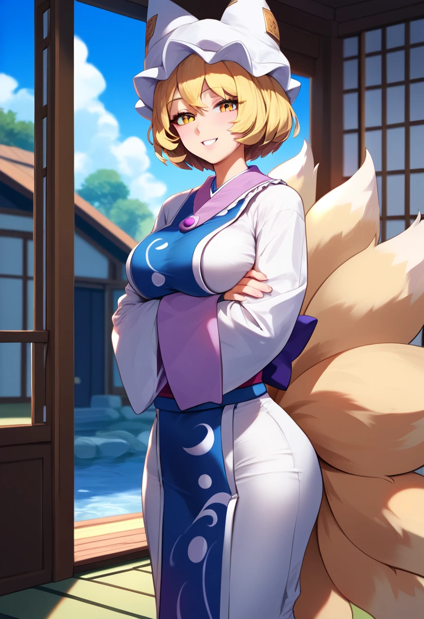 Ran Yakumo, Kitsune, Touhou Project, blond hair, nine fox tails, wet from shower, extremely detailed CG, busty woman, large hips, thin waist, ahegao