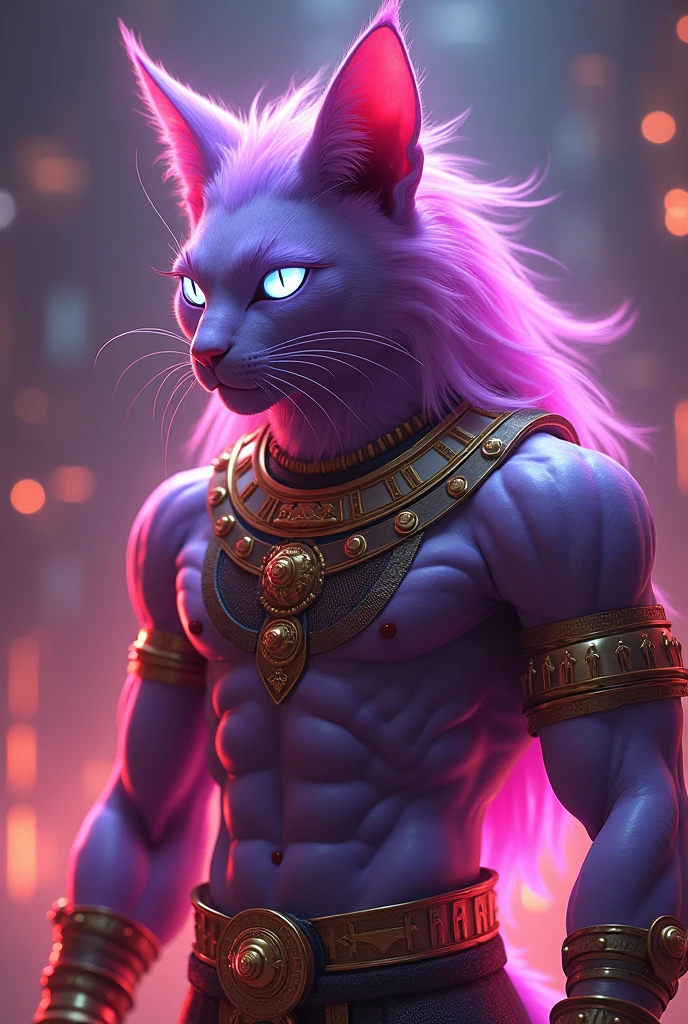 1boy (furry, anthro male, (cat)(feline)) body fur, silver fur, a shock of purple hair, ((Voluminous hair)) and (glowing purple eyes):9, small horns, ear fluff, fluffy tail, looking at viewer, shirtless, purple gem in forehead, seductive pose, romantic lighting, purple mist, purple glitter, dark room, volumetric lighting,