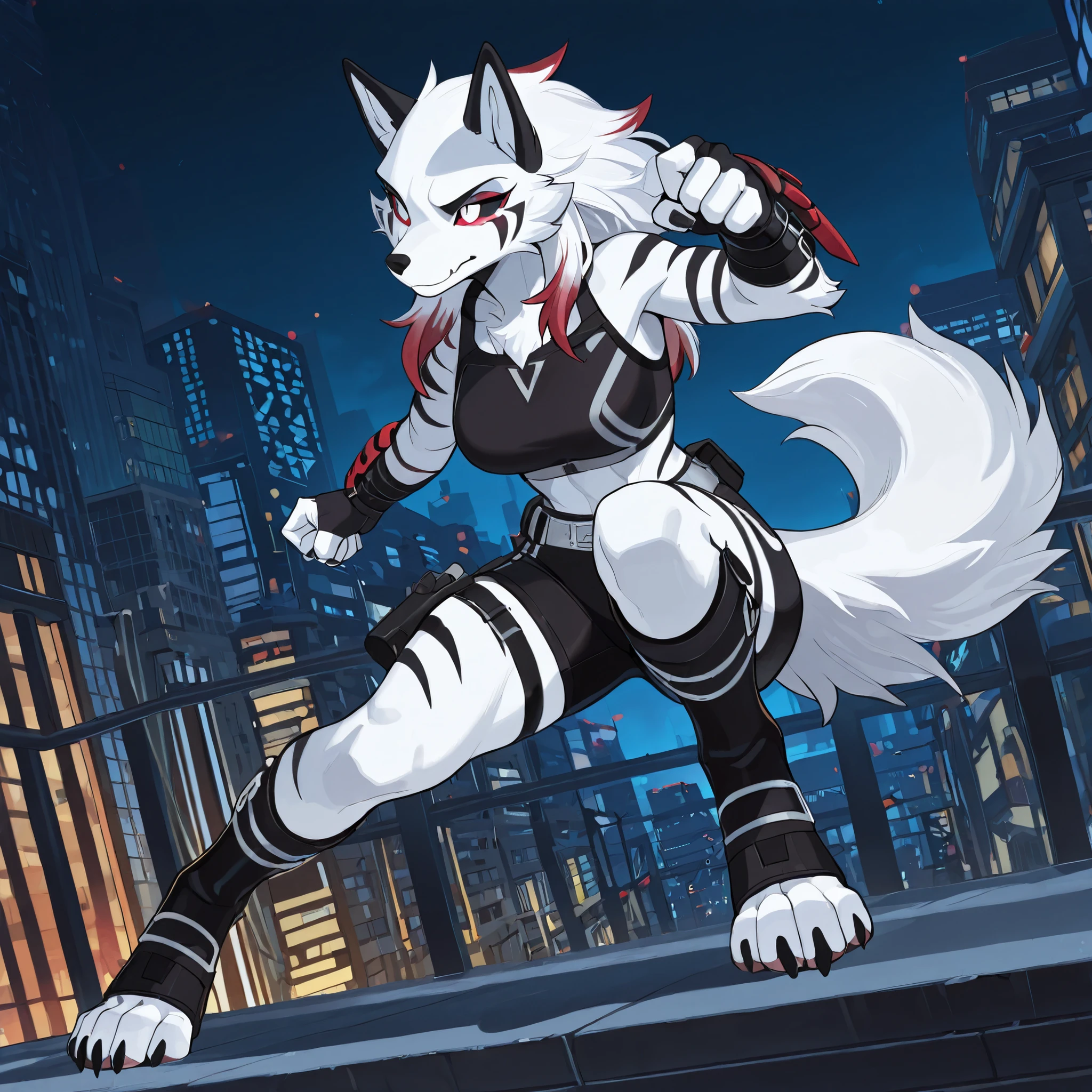 Anime style, masterpiece, best quality, full body picture, centered, three-quarters view, 1girl, PLHighwire, furry, tall, anthro, female white wolf, digitigrade legs, white fur covered body, black toeless boots, calf length boots, boots with straps, black sports bra, medium breasts, white eyes, red sclera, big city background, city at night, white face, black facial markings, white tail with red tip, red ears with white fur, long white hair with red highlights, knee length black shorts, wearing dual holsters, wearing a silver belt, (guarding pose), (black tigee stripes on legs, black tiger stripes on arms)