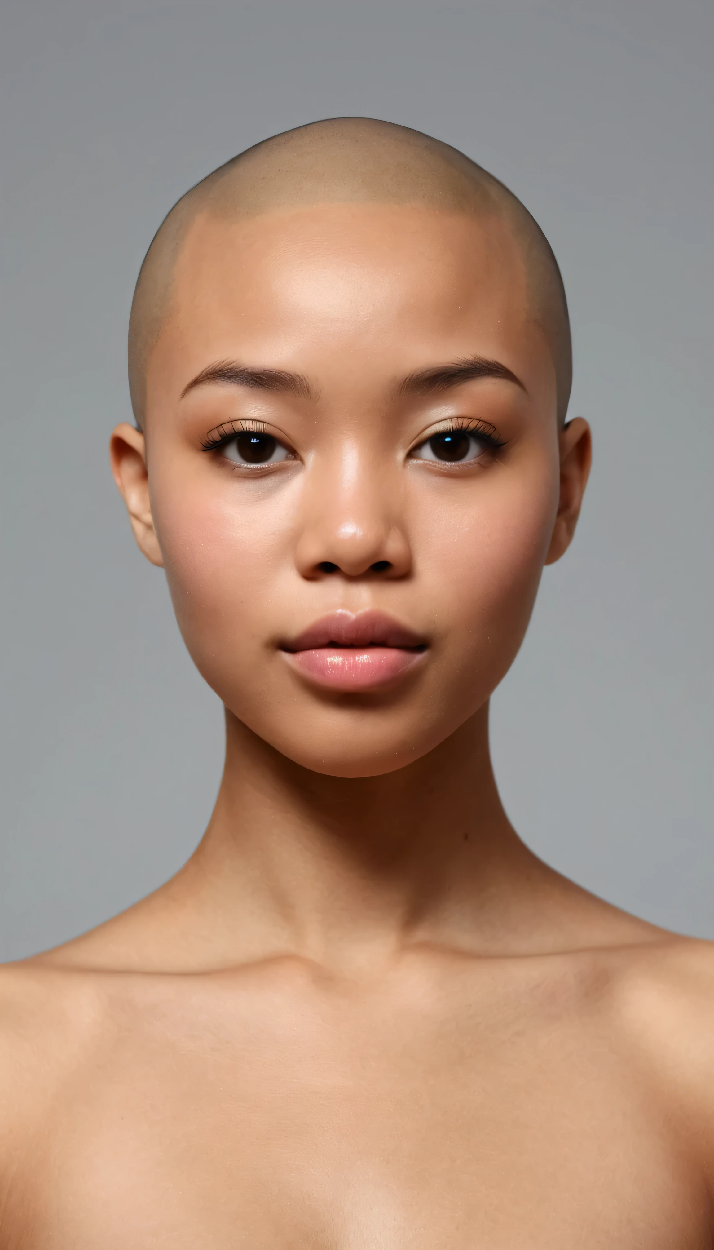 Hiper realistic and natural picture, A young pretty woman. head-bald, blasian, predominantly Asian and dark skinned. lips natural closed, frontal face symmetrically
