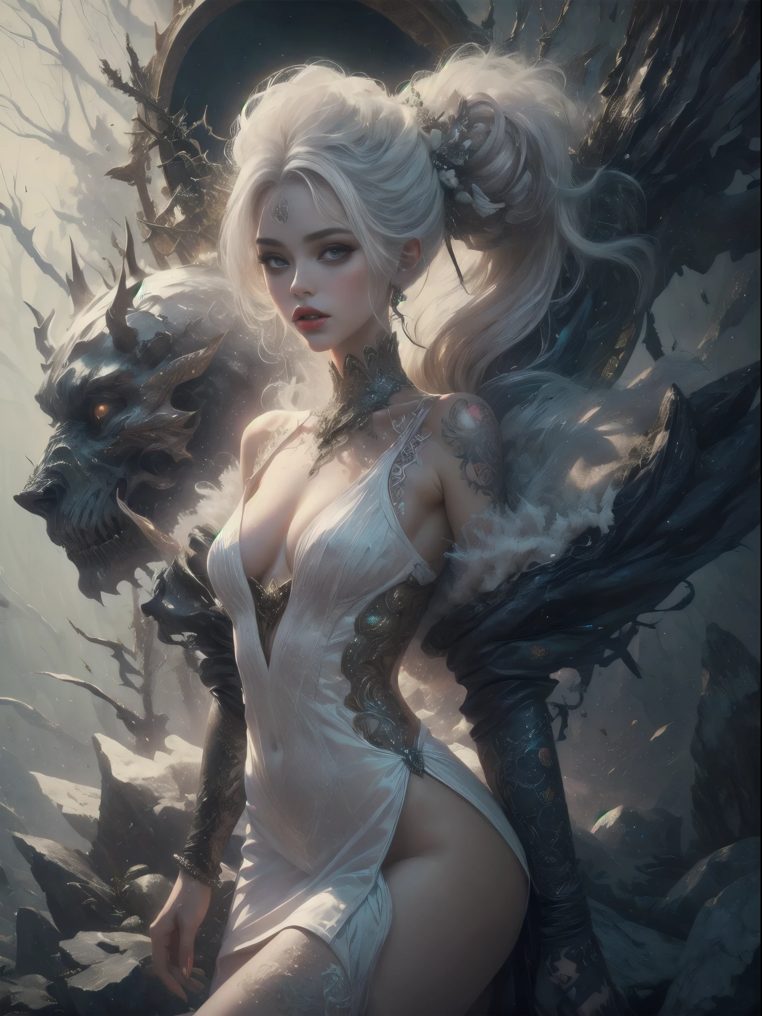 female body wolf, purple fur, long silver claws, arms outstretched, howl humain face, black skin, pink eyes, pink lips, prominent silver canine --auto --s2