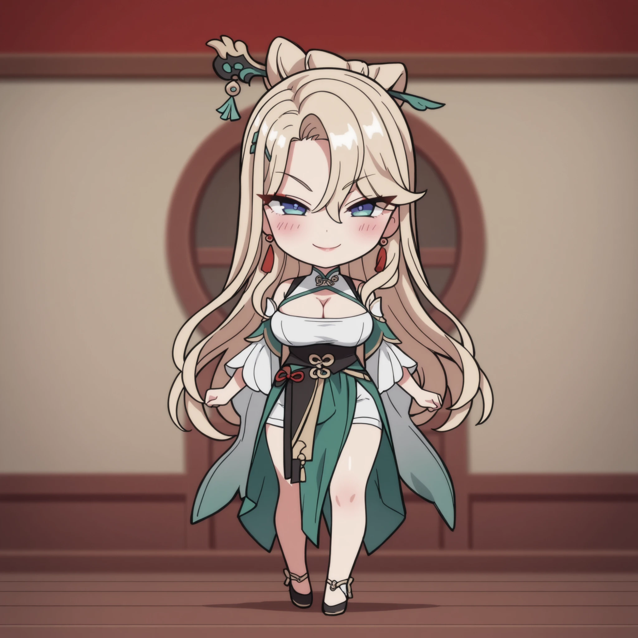 Kurashiki Reika, high quality, masterpiece, Very detailed, high quality, high resolution, A girl, solo, blonde hair, blue eyes, beautiful, beautiful and perfect face, Lustful smile, View your audience, (ningguan outfit) , ( genshin impact outfit), wide sleeves,hair clip, cleavage visible, Big Breasts, Chibi style, full body, sexy, blush, Chibi character, standing, Chibi