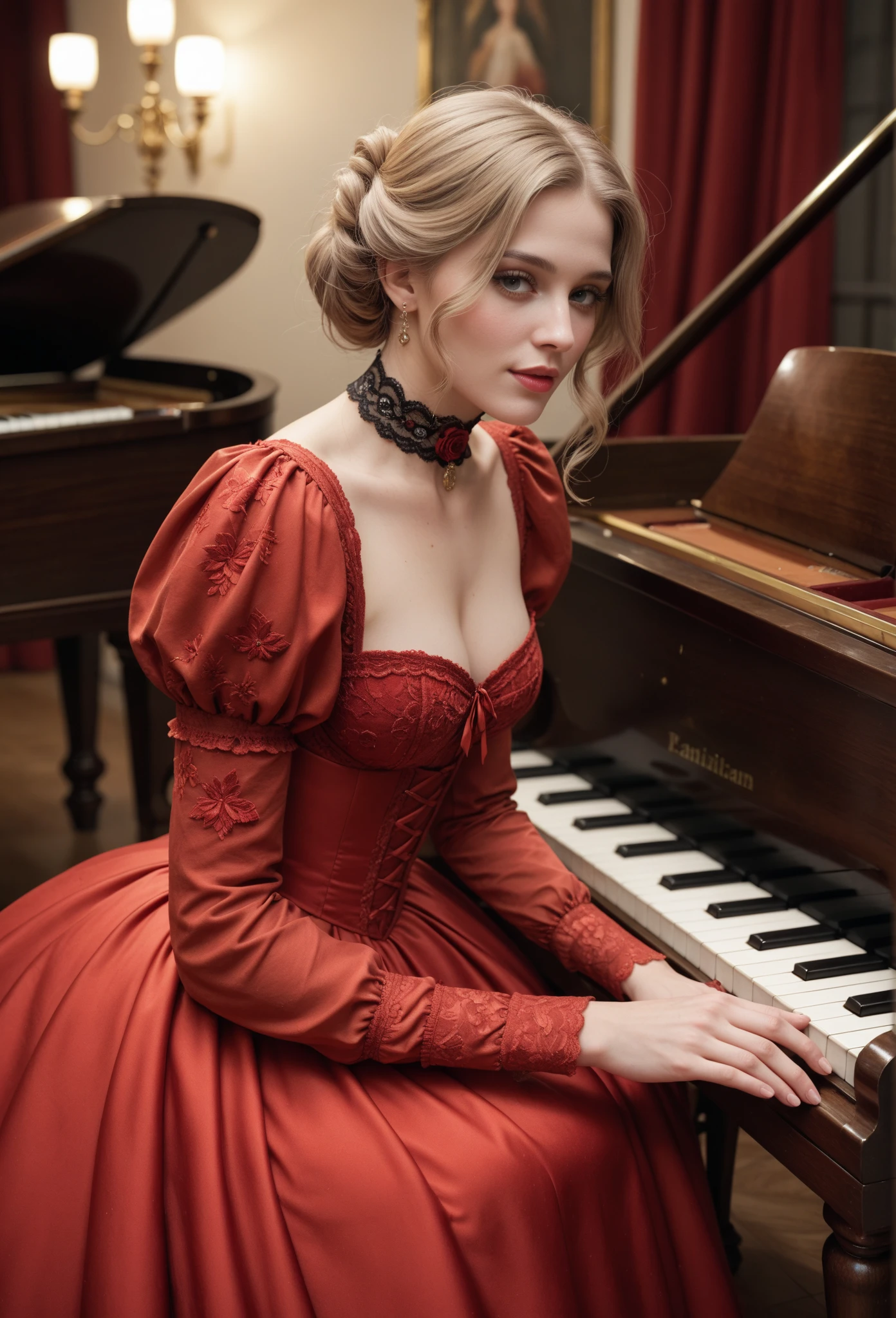 victorian era, hyper-realistic ink, alcohol, oil painting on canvas by charlie bowater kraola simkins, chris bachalo and kethe butcher. a beautiful red-haired victorian woman in a beautiful burgundy red velvet dress with a corset, impressive eyes, stands at the piano in a lovely victorian room. soft look, soft velvet texture, shiny beauty. backdrop with muted luxury and dramatic lighting. hyper-detailed