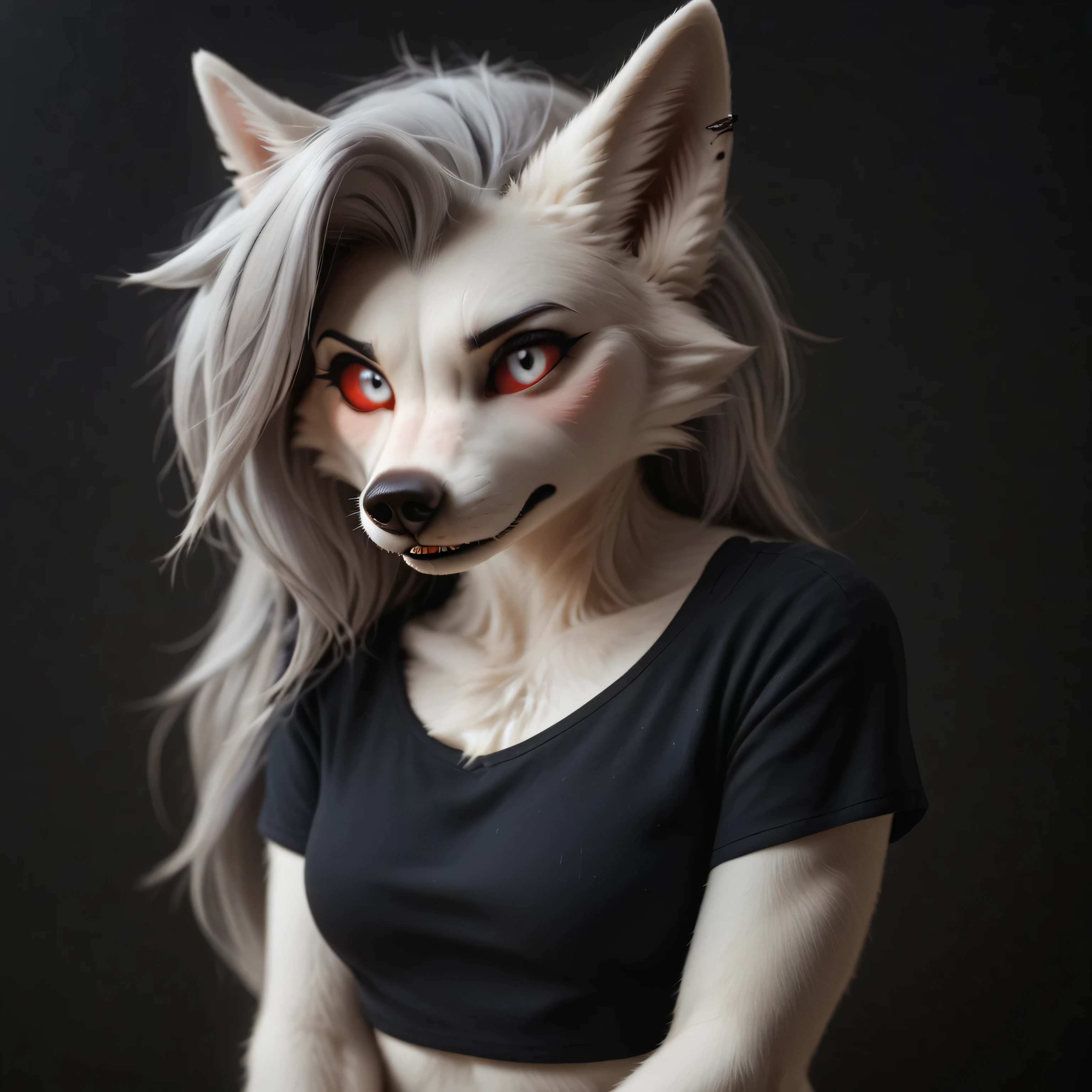 score_9, score_8_up, score_7_up, score_6_up, safe content, by vivzmind, mammal, canid, canid demon, demon, canine, anthro, female, fur, solo, hair, white body, white fur, holidays, loona, furry, red sclera, top, white eyes, midriff, blush, shy, embarrassed, summer, leaning towards viewer, random detailed background,