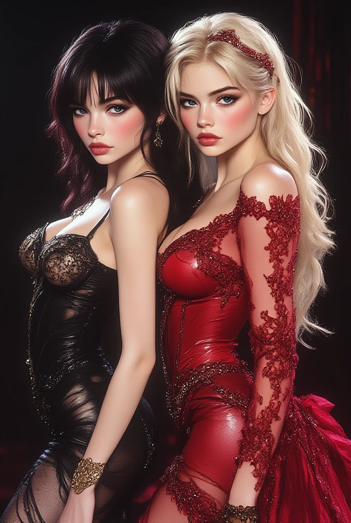 Make a vampire posing for the Chanel brand , the clothes are wine red , She is next to a model with platinum hair who is also posing for the brand , She is also wearing a wine red cap Long hair, gazing at viewer, slightly separated lips, F16 Aperture, jewel, cinematic lighting, cinematographic,