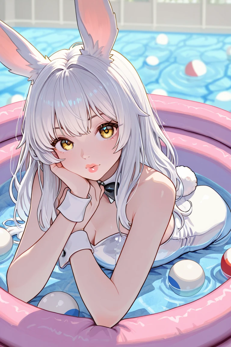 white (nod)、(five fingers),(beautiful fingers),(beautiful hands)、(EnvyBetterHands, QuickHand),(angled, sharp, edgy, piercing, fierce)、(White bunny suit、Fishnet tights、Navel、tie、Silver Hair、bunny girl 、white bunnysuit 、playboy bunny),(slanted eyes),(Straight bangs), (Bran、Silver Hair, Long Hair, Cleavage cutout, smile, Watching the audience),(sexy pose),(Straight Hair:1.5),(big eyes:1.6), ,Drunk,(tilt one's head:1.3),,(very long hair:1.5)(smile:1.5),((blush)),((,looking at viewer:1.2)),((Small face)),(yellow eyes:1.5),,((contrasted:1.5)), ((best quality, masterpiece,,Highest quality、High resolution,8K,ultra-detailed face,アニメ,ultra-detailed hands,ultra-detailed fingers,ultra-detailed eyes, ,ultra-detailed hair, shiny skin, Silky Pale White, ultra detailed and beautiful, model pose)),,(large breasts:1.5),((Beach Background,Water background)),(Very soft skin),(Half-closed eyes),(Anime painting),(wariza),(Use of strong primary colors),(Narrow waist)(Small waist),(eight-headed body)(Five Fingers),(Very detailed),(Delicate body),(Non-shoulder),(Sleeveless),(Perfect Anatomy),(Cowboy Shot),(sweat)(we have:1.1),(eight-headed body),(well-proportioned)、(lie down)、(from side),(in water:1.4),Ocean,School of small fish,Light,bubble,jellyfish,Ocean algae,Red fish,Yellow fish,Deep Ocean,fantasy,Ocean bottom,float,(underwater city:1.4),smile:1.3,(white stockings)、