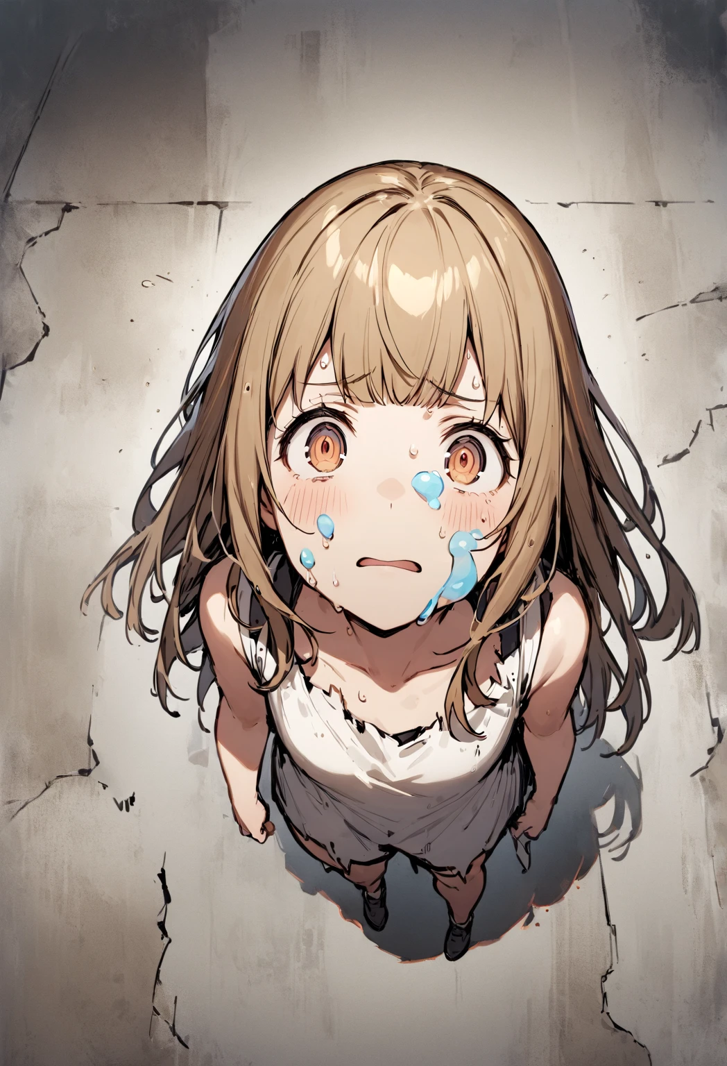 ((Masterpiece)), (Anime:1.3), ((best quality)), (RAW photo: 1.2), (High Definition:1.3), (Professional Photography:1.2), (cinematic lighting:1.5), (closeup face), Textured skin, ((12 years old)), 1girl, (Cute teenage beautiful Girl), BREAK, ((best quality)), ((Glossy lips)), beautiful brown eyes, (Beautiful daiamond eyes:1.5), Cat ears, Pale brown hair, unruly hair, medium hair, (blunt and swept bangs), ((laughing)), BREAK, ((dirty and very torn white camisole)), Slender body, small breasts, sweaty, Beautiful small breasts, (looking up:1.4), Slum townscape,