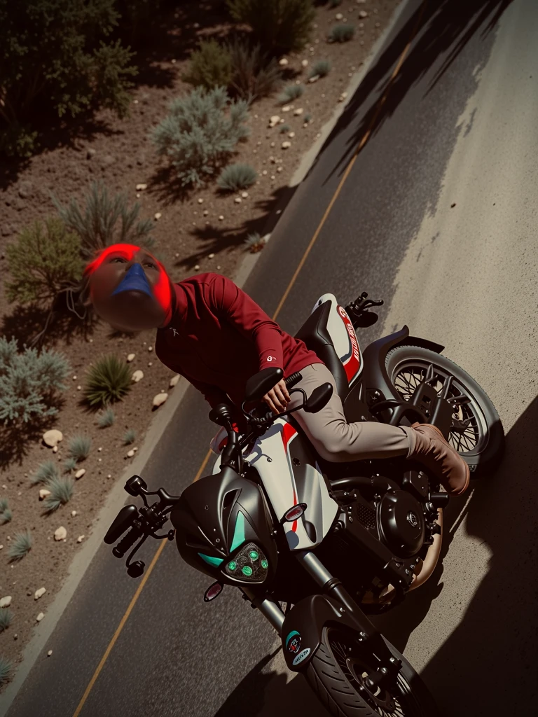 Realistic Boy with black hoodie, black pants, sneakers riding a red and black motorcycle in the street with name GERALDNICOLAS