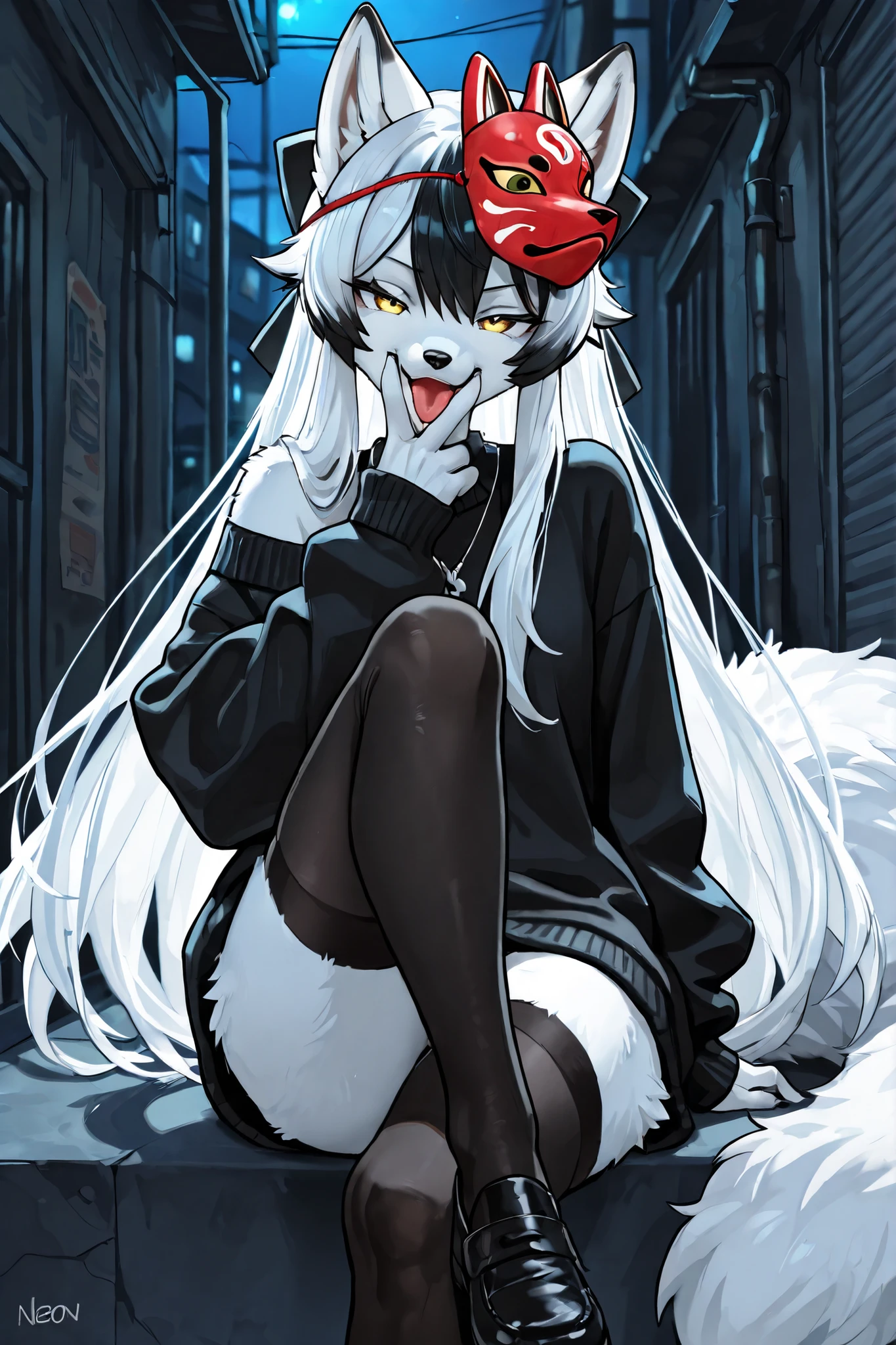 Beautiful Portrait of a Arctic Fox Furry Anthro, White Fur, Yellow Eyes, Long Hair, White Hair, Beautiful, Highest quality, Highest quality, High quality illustrations, masterpiece, Ultra-high resolution, Detailed Background, Back Alley, night, Absurd, Perfect Anatomy, performance, Good lighting, Shadows in the movies(kemono, Furry PersonifiCation), wearing (black thigh highs, oversized shoulder crop-off sweater, black sweater, small black hair bow, classic necklace, white kitsune mask on side of head), neon, neonライト, neonカラー, sitting, raised leg, smile, smug, flirtatious, open mouth, tongue out, holding pistol, her hand hovering over her mouth doing cunnilingus gesture, BREAK, cunnilingus gesture, licking between her fingers