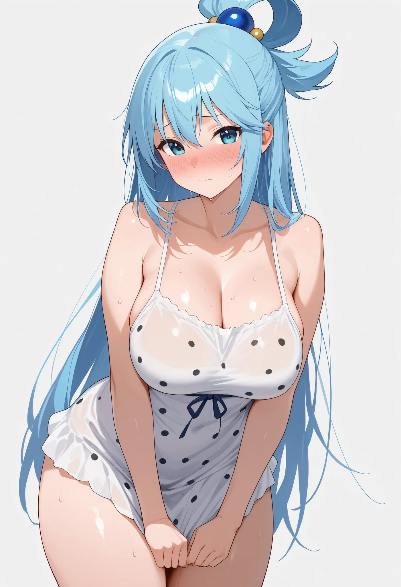Anime style blue hair girl, Wearing white underwear,She sits down and shows off her small breasts..