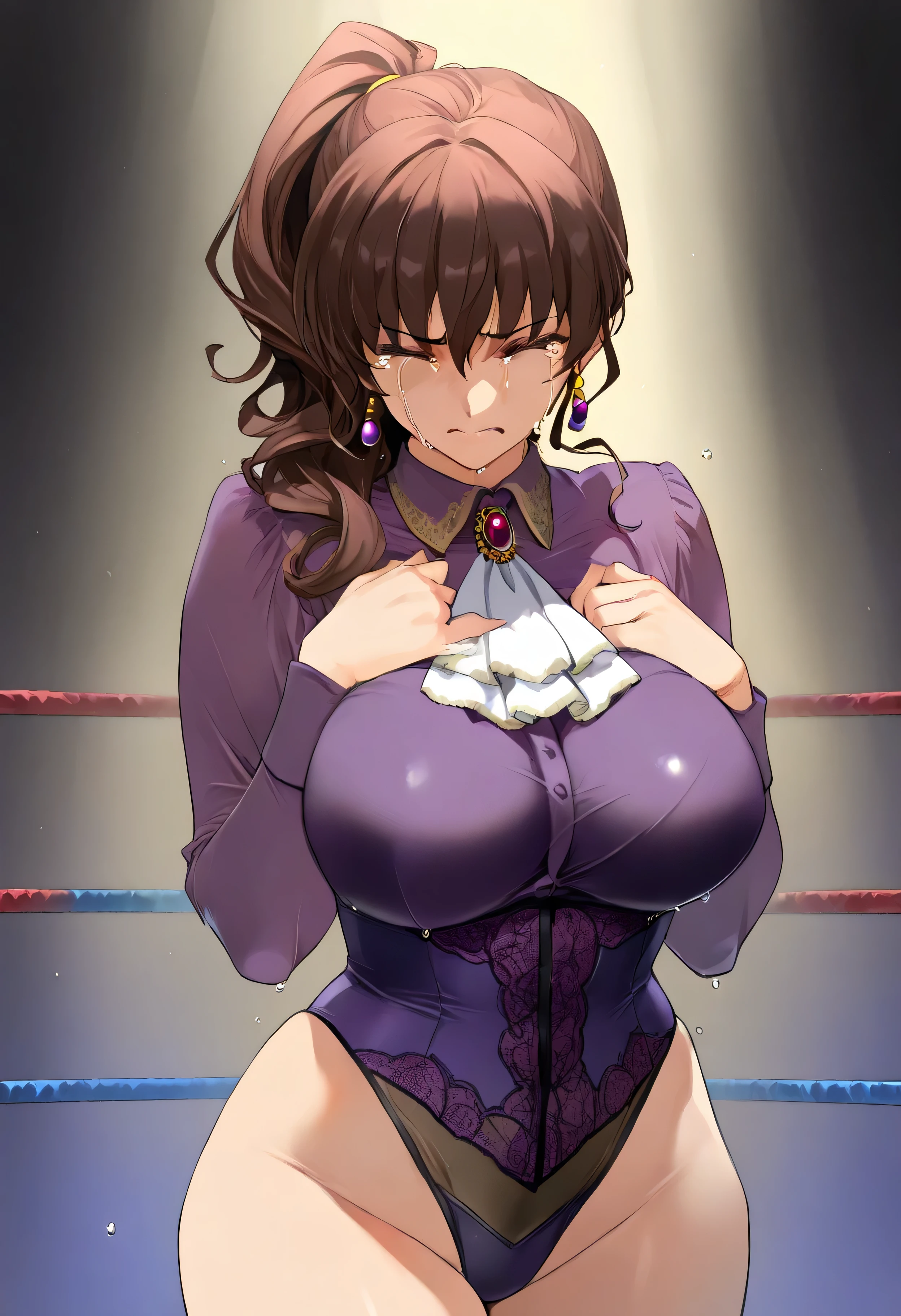 (masterpiece),(best quality), ushiromiya natsuhi, violet dress, long dress, side ponytail, purple shirt, ascot, brooch, corset, ankle boots, ((Tight leotard)), ((sexy pose)), ((Wrestling ring)), (Big tits), (Wide hips),