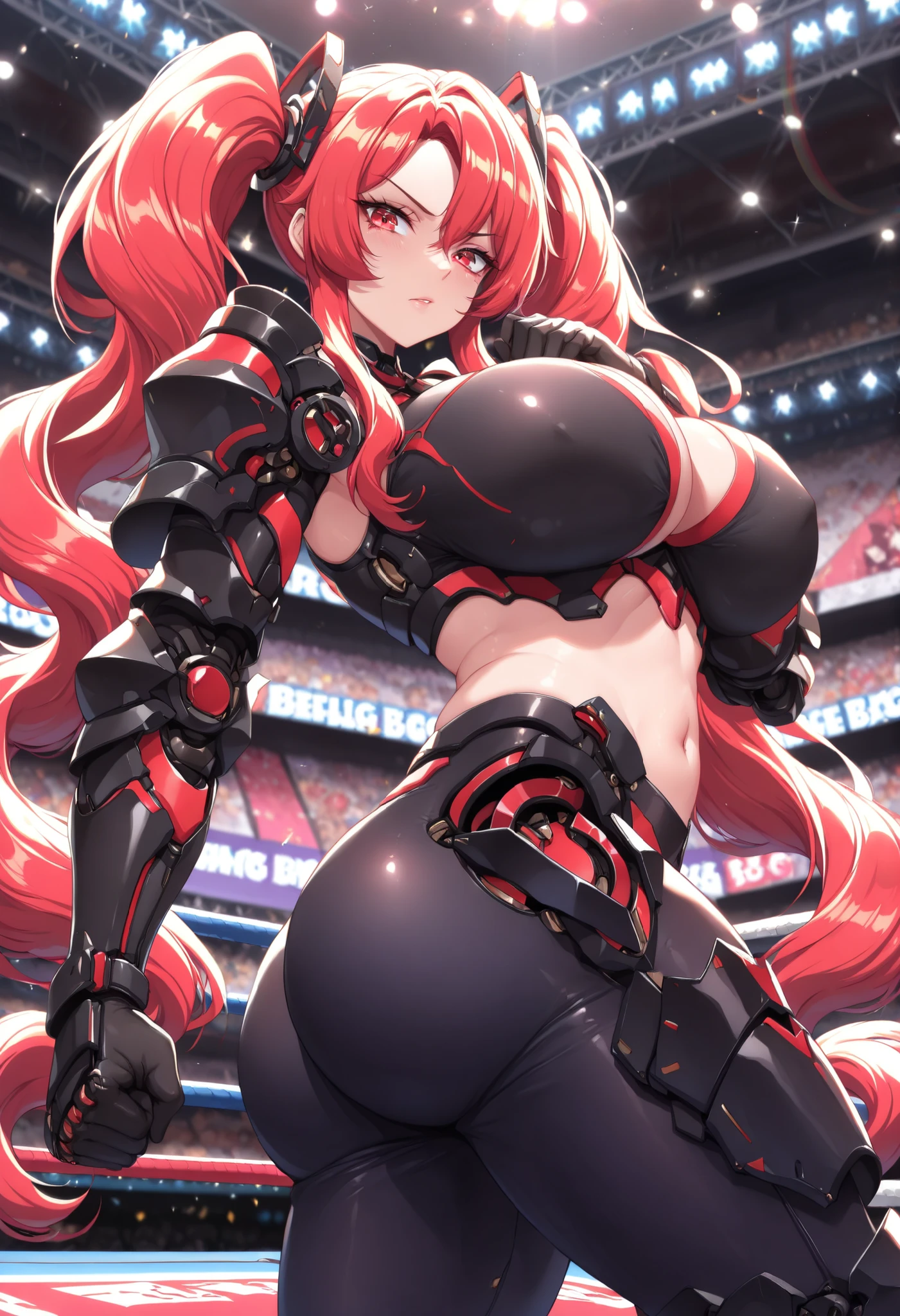 ((masterpiece, best quality:1.4,extremely detailed, detail face, detail eyes, anime)),illustration, 8k, hd, 1female, tall lady, solo, mature female, navel, red hair, red eyes, (black armour with red parts, shoulder armour, hand armour, leg armour, black trousers, hip armour, mechanical body), long hair, ponytails, professional lighting, boxing ring, colourful details, rainbow colors BREAK factory super long shot, in futuristic stadium, luminescence, intricate details, cold((big ass, big breast, looking at viewer, front view))