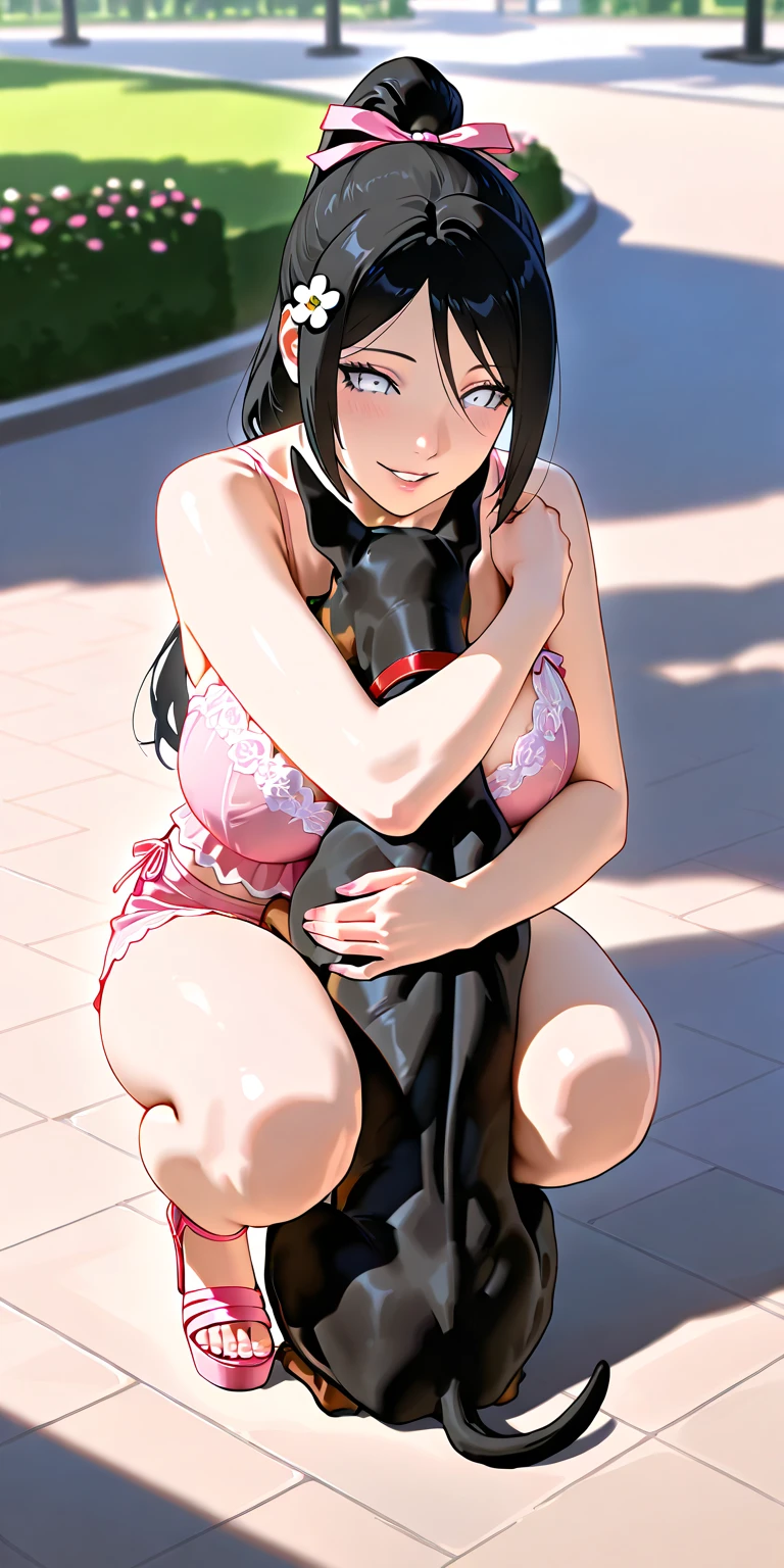naked heart-shaped eyes, long black hair,Dog ears , big breast، on all fours , Sitting down, nipple cover, Chain collar around the neck, Hugging another girl, Eating from a dog bowl 