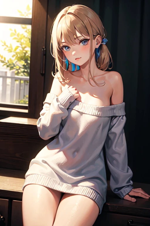 Photorealistic:1.5, Beautiful woman, hairstyle that bounces outward, (medium hair:1.5), (platinum blond hair:1.5), (platinum blond colored eyelash:1.5), (parted bangs:1.5), (amber color eyes:1.5), (sleepy face:1.5), blush:1.2, (tilt one's head:1.5), (hairpin:1.3), (masterpiece:1.3), (best quality:1.3), high-resolution, Head-on angle, Body facing forward, solo, beautiful detailed eyes, mid day, (((best quality, textile shading, ultra detailed))), extremely detailed CG unity 8k wallpaper, Highly Detailed beautiful and aesthetic, high resolution, detailed, dramatic lighting, 1Character, soft, gentle colors, (small breast:1.5), (blue camisole:1.5), (super long hem summer cardigan:1.5), (skinny:1.5), blur background, downtown:1.5, squatting:1.2, armpit:1.5, 