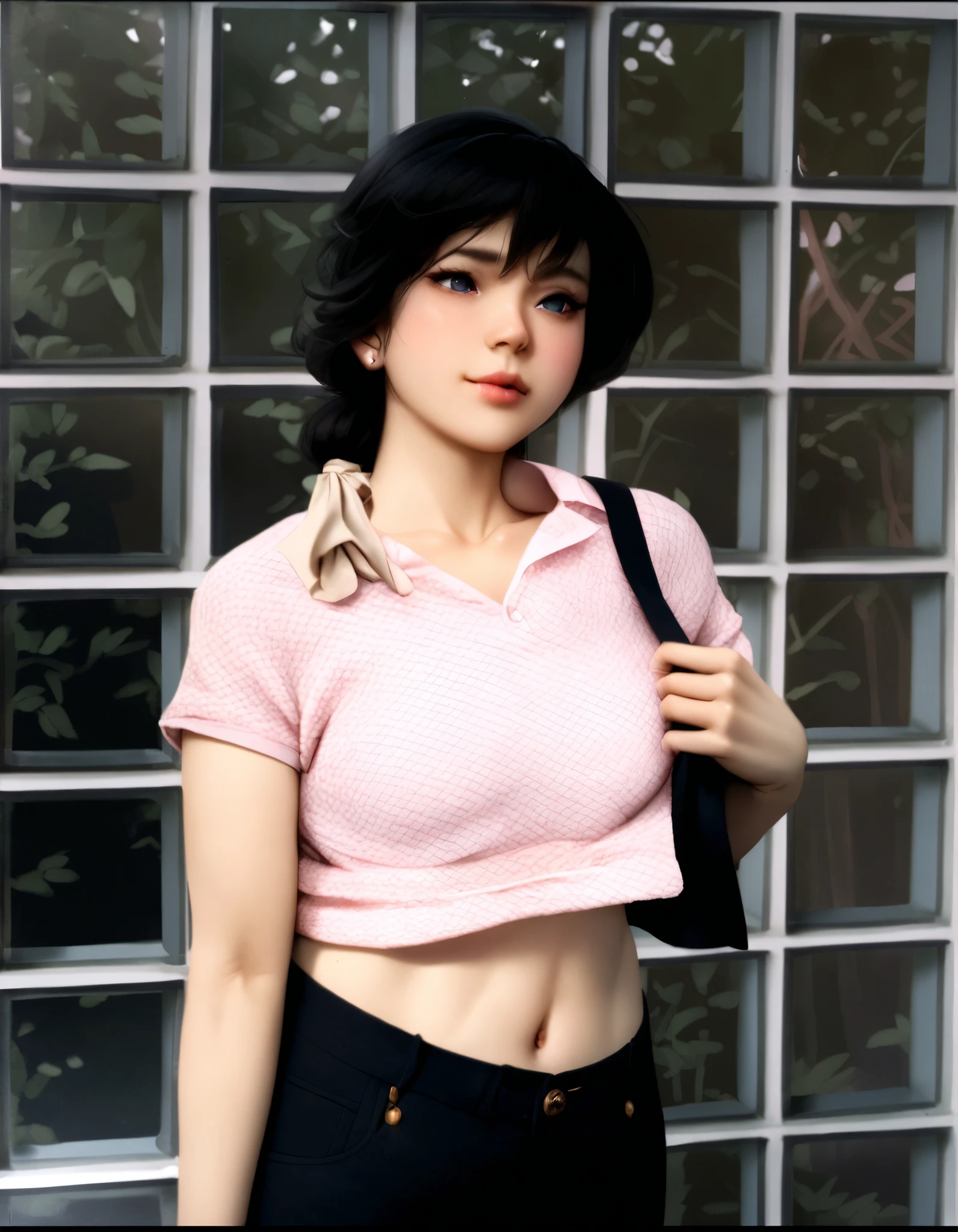 yukabd, black hair, ponytail, looking at viewer, brown eyes,
white shirt, under vest, shorts, navel,
upper body, smile,
cyberpunk, motel, indoors, sitting,
(insanely detailed, beautiful detailed face,beautiful detailed eyes, masterpiece, best quality)
<lora:YukaBD:0.8>