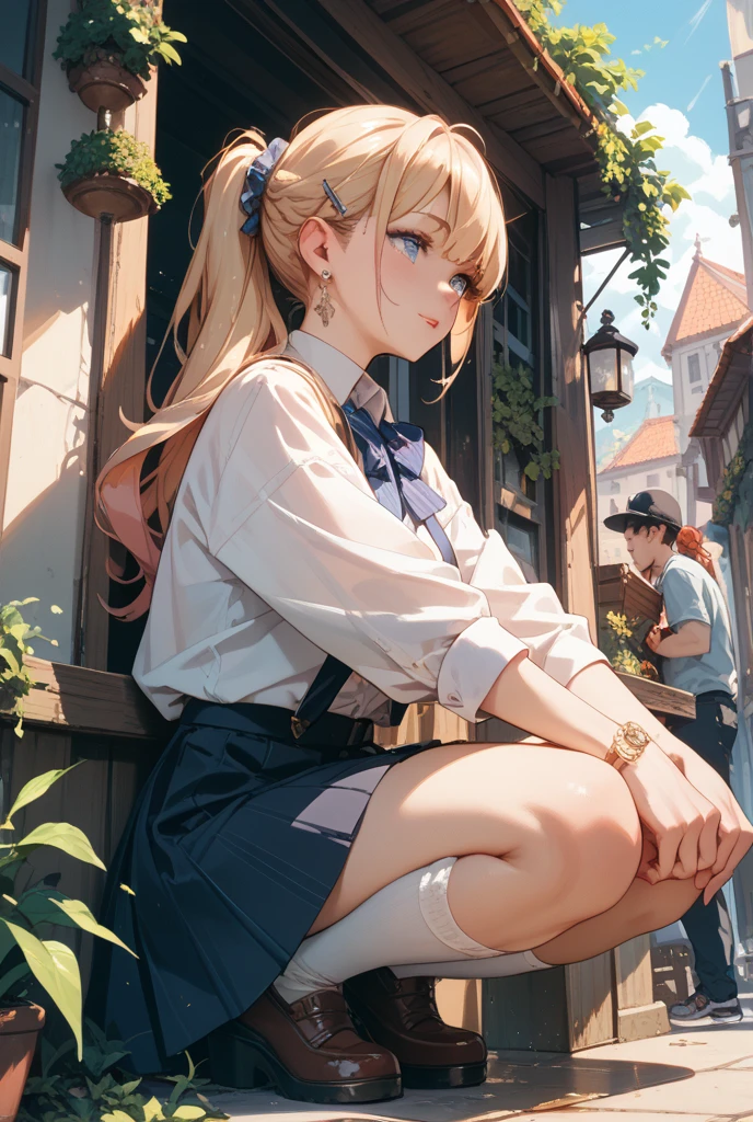 artist:ciloranko, [[artist:nai3]],ask (askzy),omone hokoma agm, 
1girl,rim light,best quality,amazing quality, very aesthetic,intense shadows,masterpiece, best quality, autumn, street, shop,bangs,pretty eyes, 
bangs, braids, looking at viewer, 
gradient hair, rainbow gradient, rainbow hair,  finely detailed beautiful eyes, black thighhighs, realistic